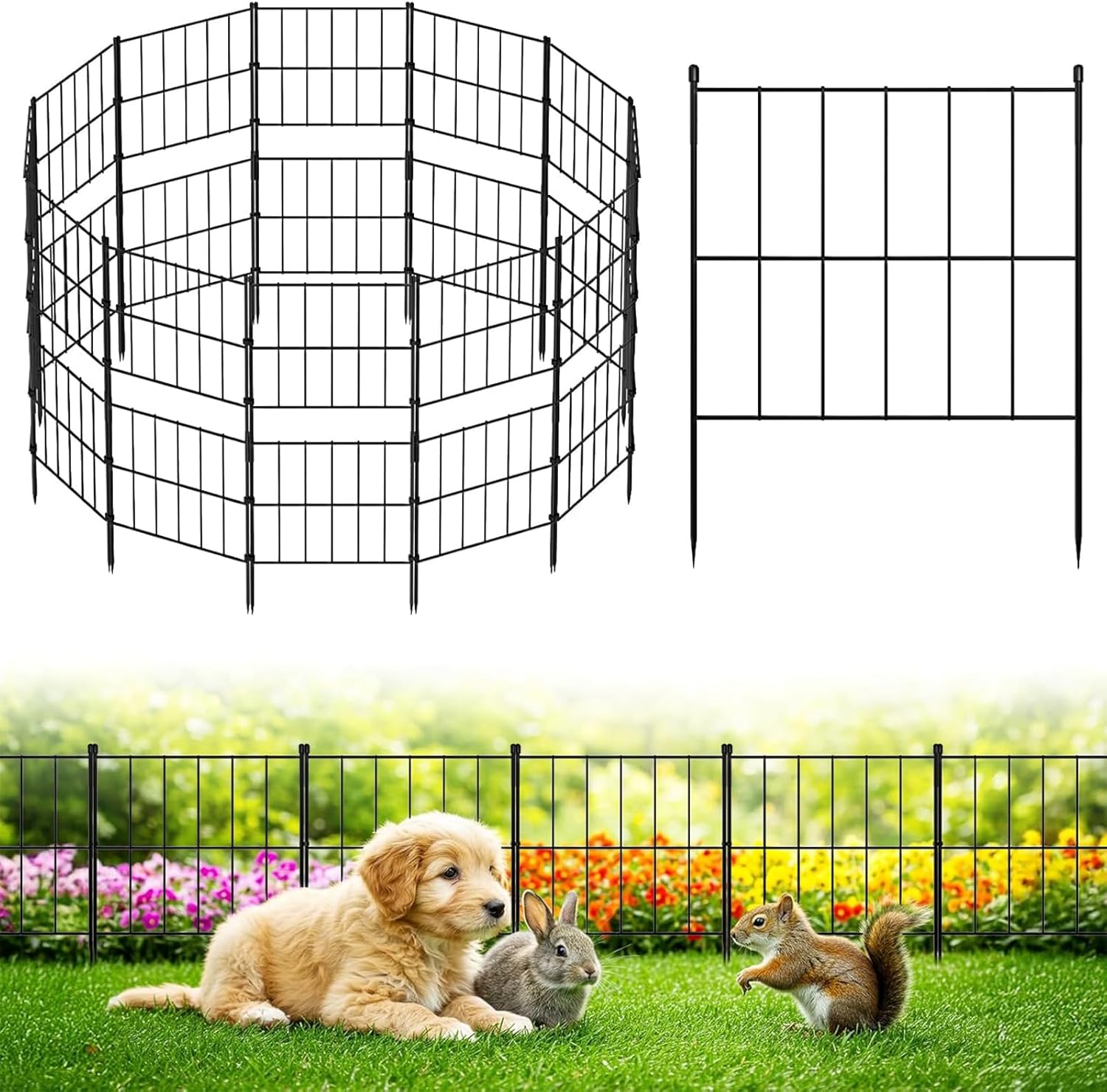 NEYCIL Stackable Metal Garden Fence 32in Tall x 26ft Long, 24 Panels No-Dig Animal Barrier for Yard, Patio, Black