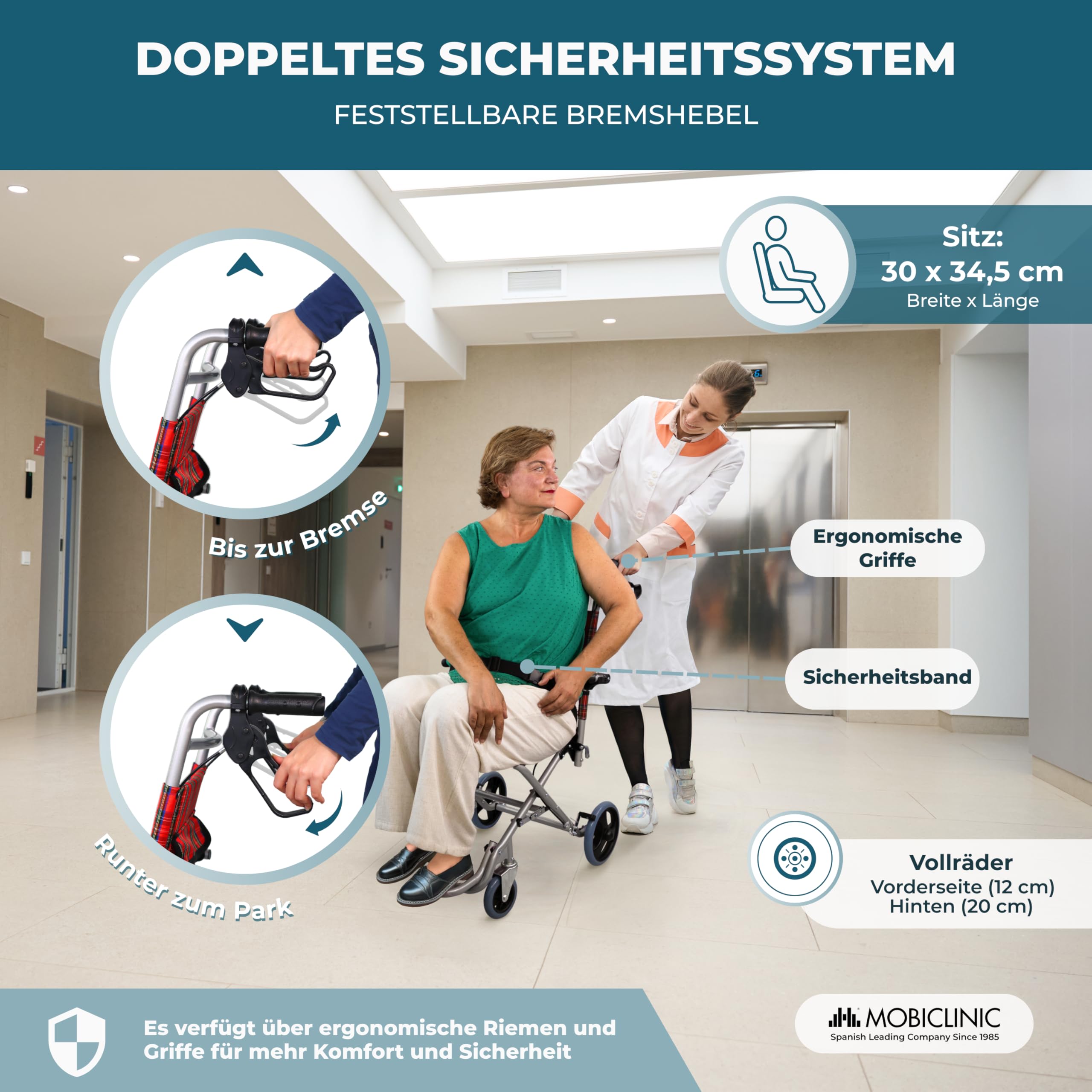 Mobiclinic®, Transitrollstuhl, Modell Neptuno, Aluminium, Klappbar, Bremse an den Griffen, Europäische Marke, Klappbare Fußstützen, Klappbare Armlehnen, Leichtgewicht, mit Sicherheitsgurt