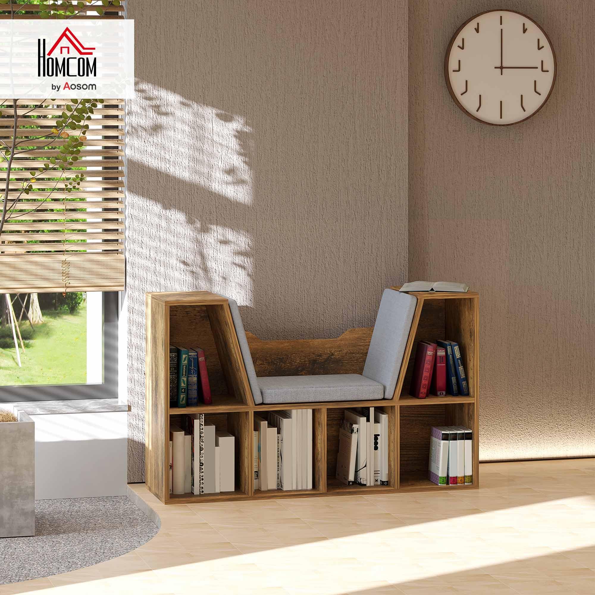 HOMCOM - Biblioteca banco 2 en 1 cojines de asiento (102 x 30 x 61 cm), color marrón | Estantería Cube, 6 Compartimentos Abiertos, 2 Niveles, Mueble de Almacenamiento, Salón, Dormitorio, Oficina