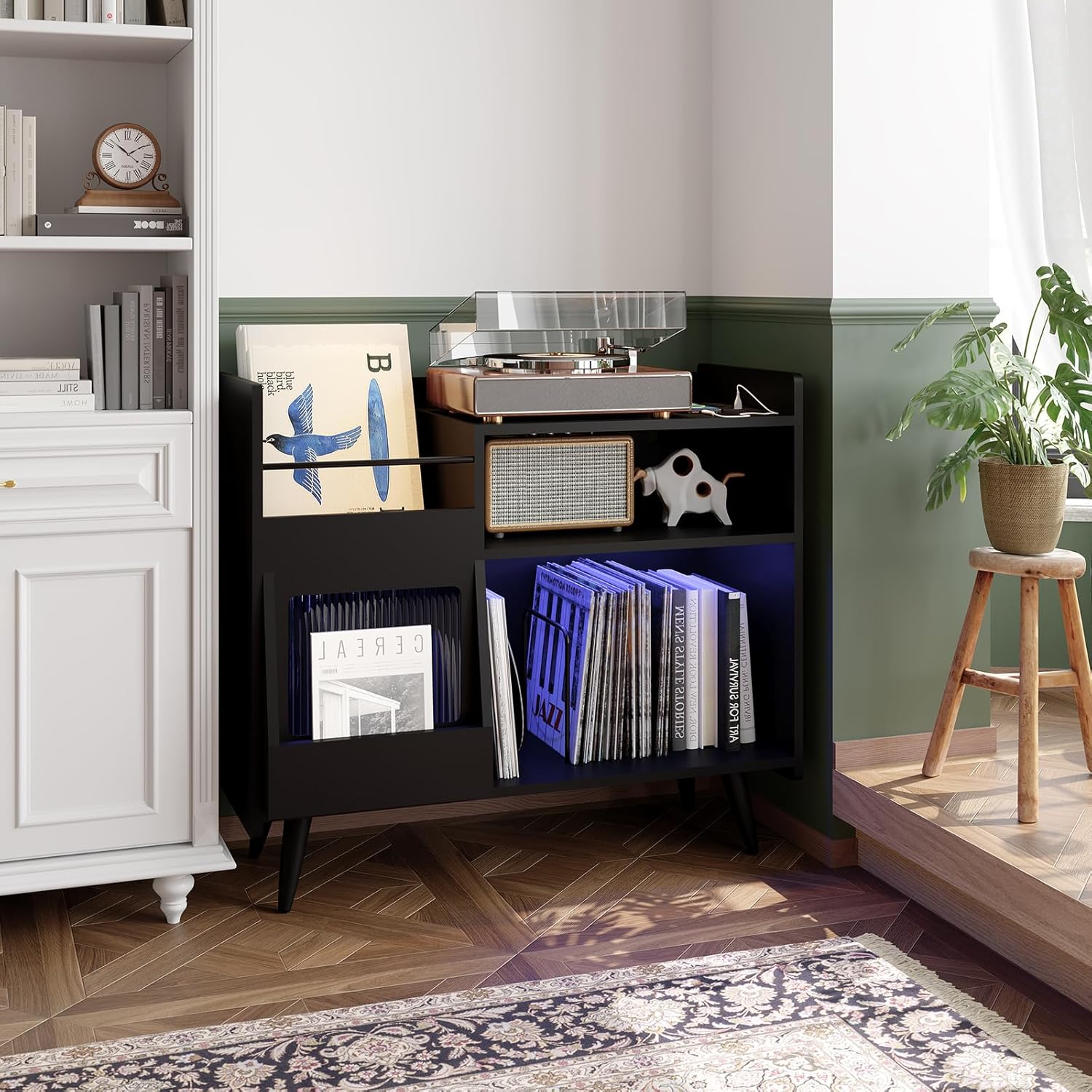 Garvee Record Player Stand showing various storage compartments for records, books, and a record player