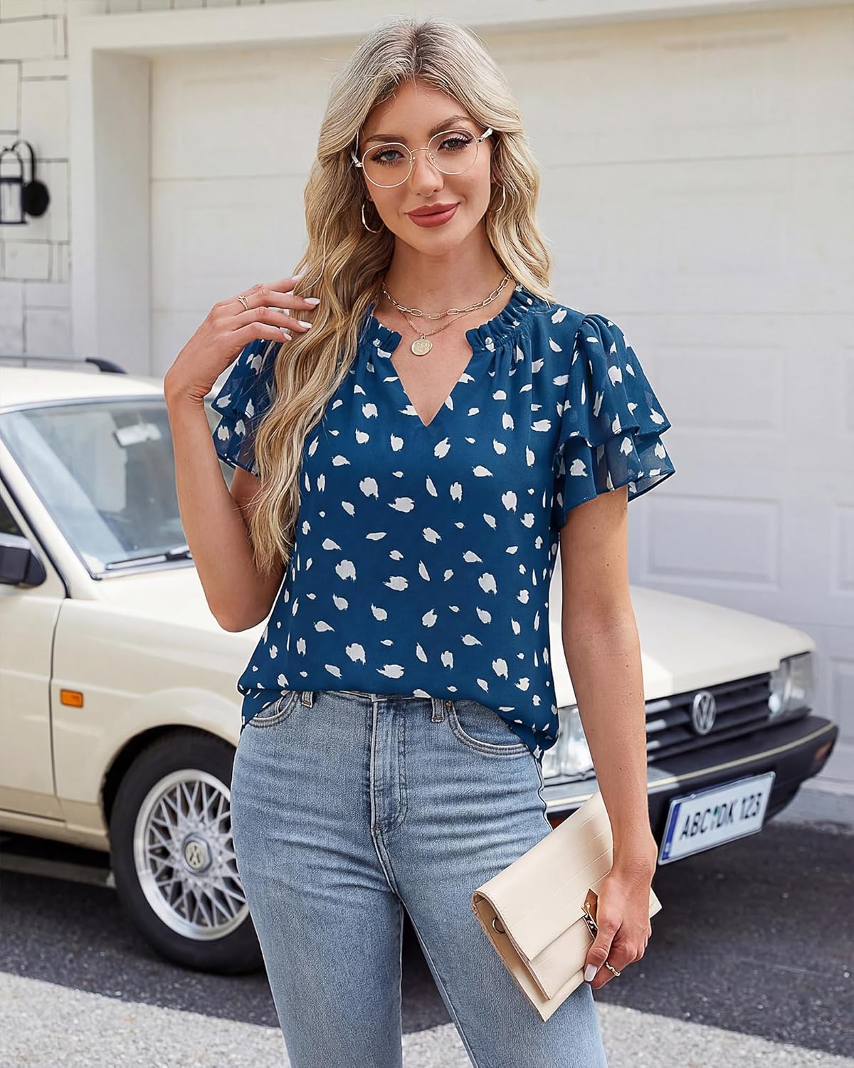 Timeson Womens Summer Tops Dressy Casual Short Sleeve Chiffon Blouses V Neck Business Work Shirts - Image 3