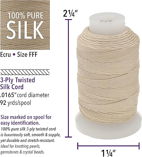 Miniatura 3 de The Beadsmith Cordón de seda pura  Color crudo  Tamaño FFF (0.419 mm0.0165")  92 yardas (276 pies), carrete de 12 onza  para anudar perlas, piedras