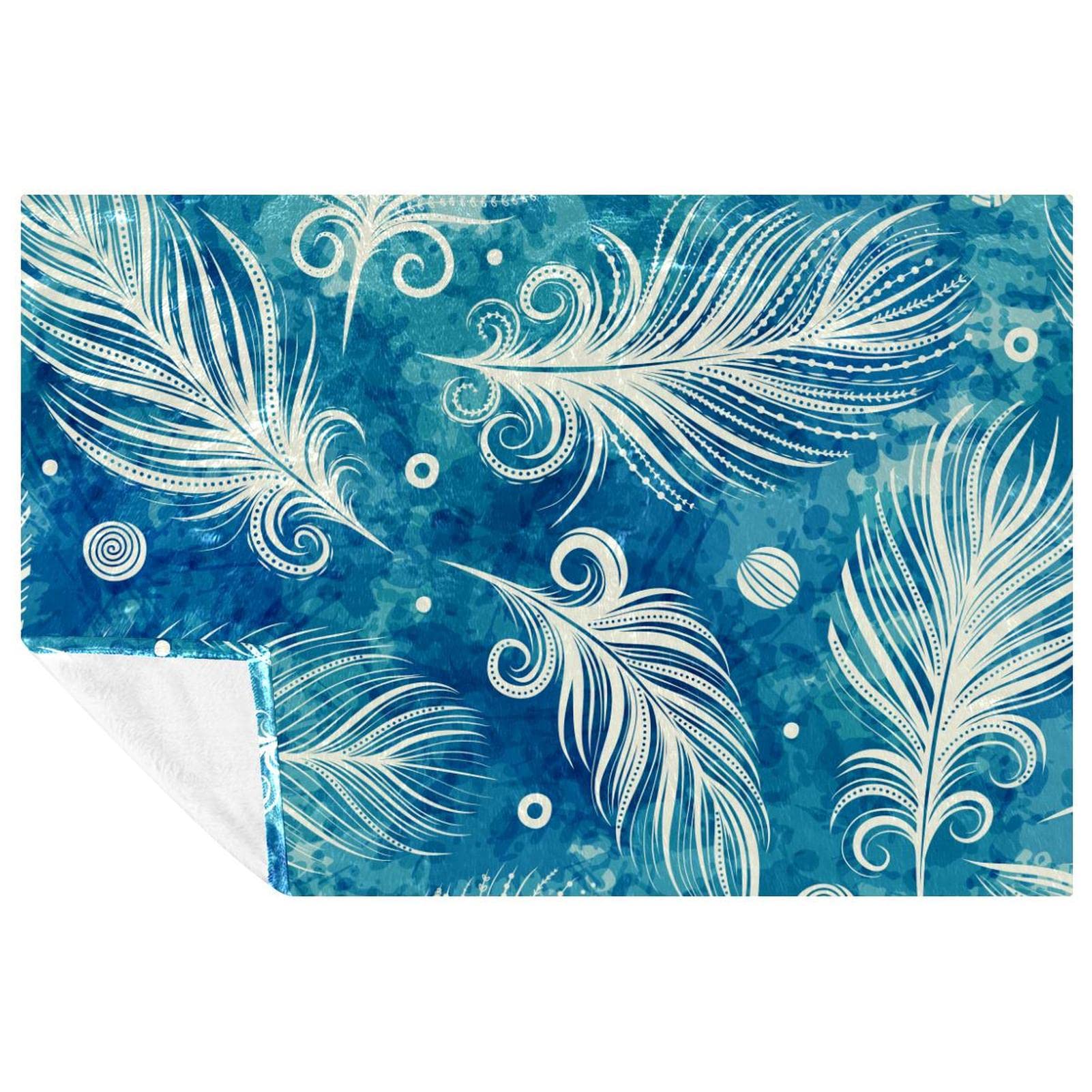 Jeté de lit chaud en tissu premium bleu à imprimé plumes élégantes 150x100