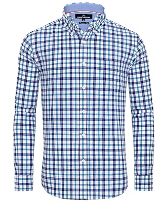 Alimens & Gentle Men's Plaid Button Down Shirts Cotton Long Sleeve Dress Shirts Regular Fit Gingham Shirts