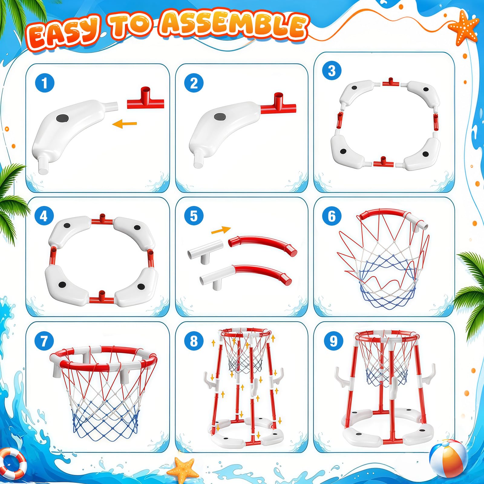 Canestro da basket 3 in 1 per esterni, con 4 palline da basket, 12 palline da lancio, 12 anelli, giocattolo da piscina, per feste hawaiane, piscina, spiaggia, bambini e adulti
