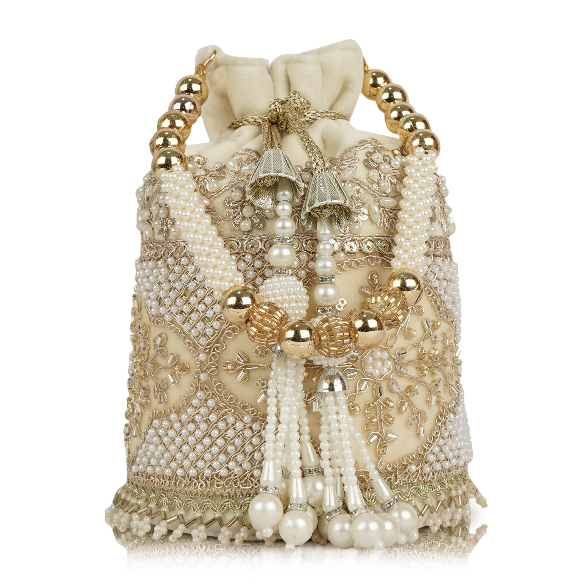 nevis Silk Fabric Luxury Pearl Embroidered Potli Bag for Women | Bridal Ethnic Drawstring Clutch with Beaded Handle Wedding-picture-14