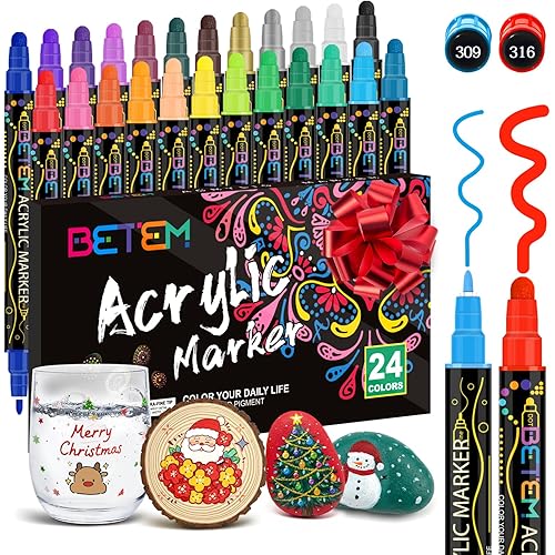 Betem 24 Colors Dual Tip Acrylic Paint Pens Markers, Premium Acrylic Paint Markers Stocking Stuffers for Rock, Wood, Fabric, Glass, Canvas, Ceramic, Christmas Gifts for Teens DIY Crafts Art Supplies