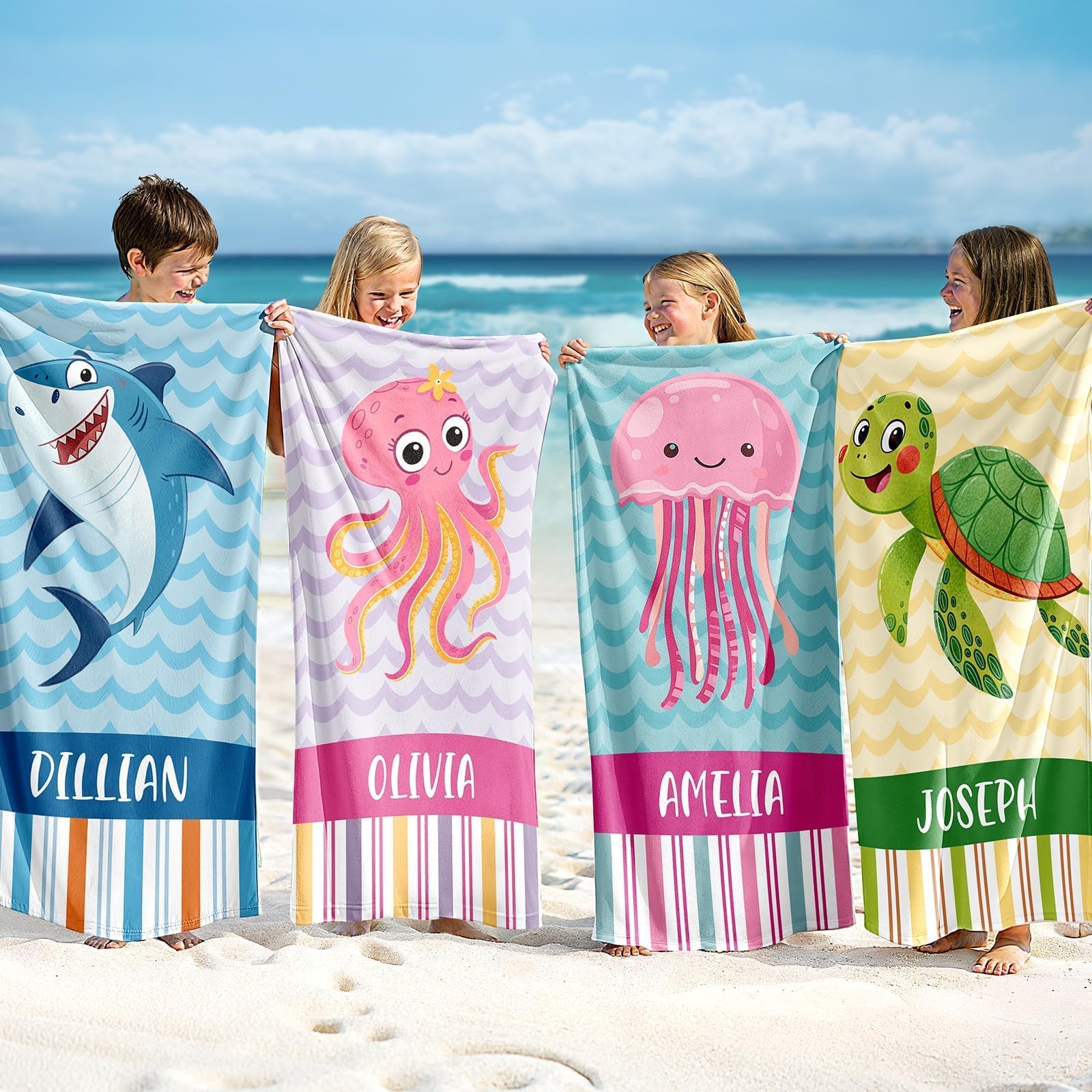 Infiher Personalised Beach Towels for Kids,Custom Kids Monogrammed Towels with Name,Customised 280gsm-420gsm Thick Soft Absorbent Beach Towel for Swim,Bath,Pool,Vacation,Gifts,Sealife Towel