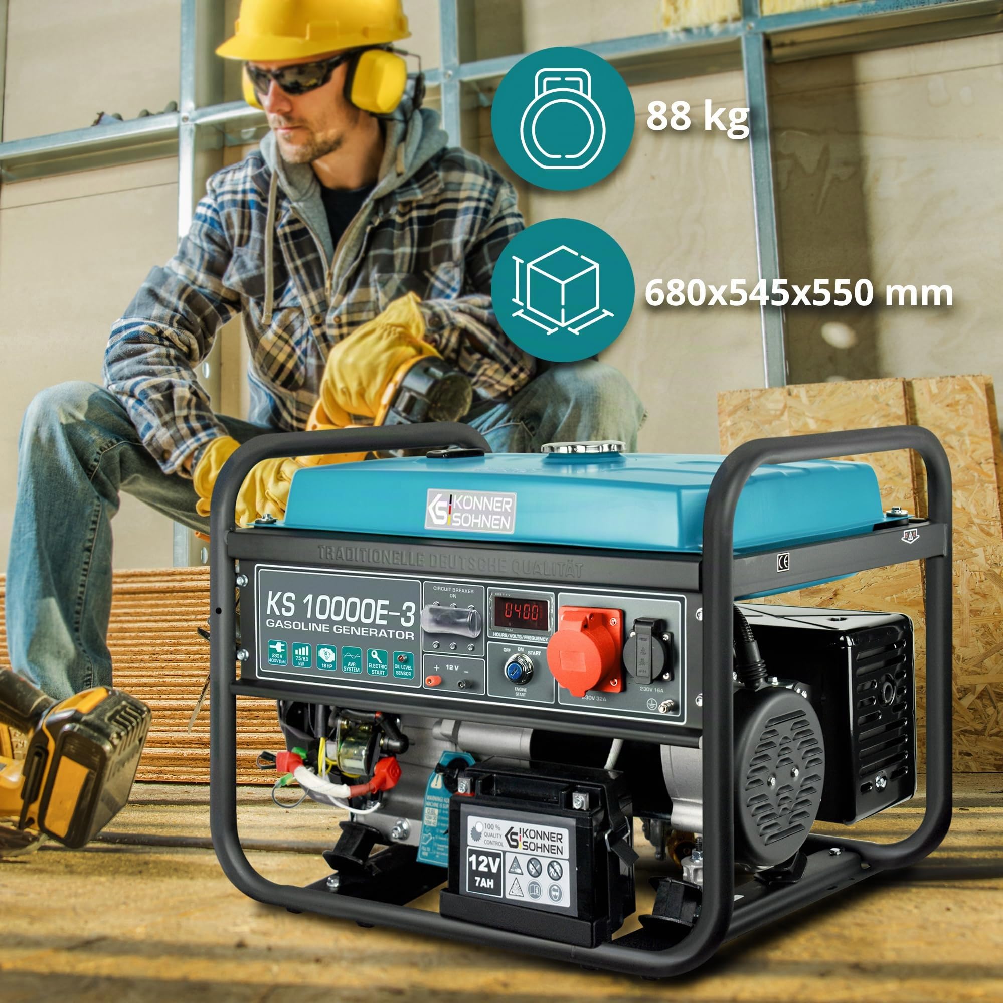 Generatore a benzina KS 10000E-3 per utenze trifase (400V), potenza massima 8000 W, con avviamento manuale/elettrico,protezione da cortocircuito, LED display, avvolgimento in rame,EURO 5