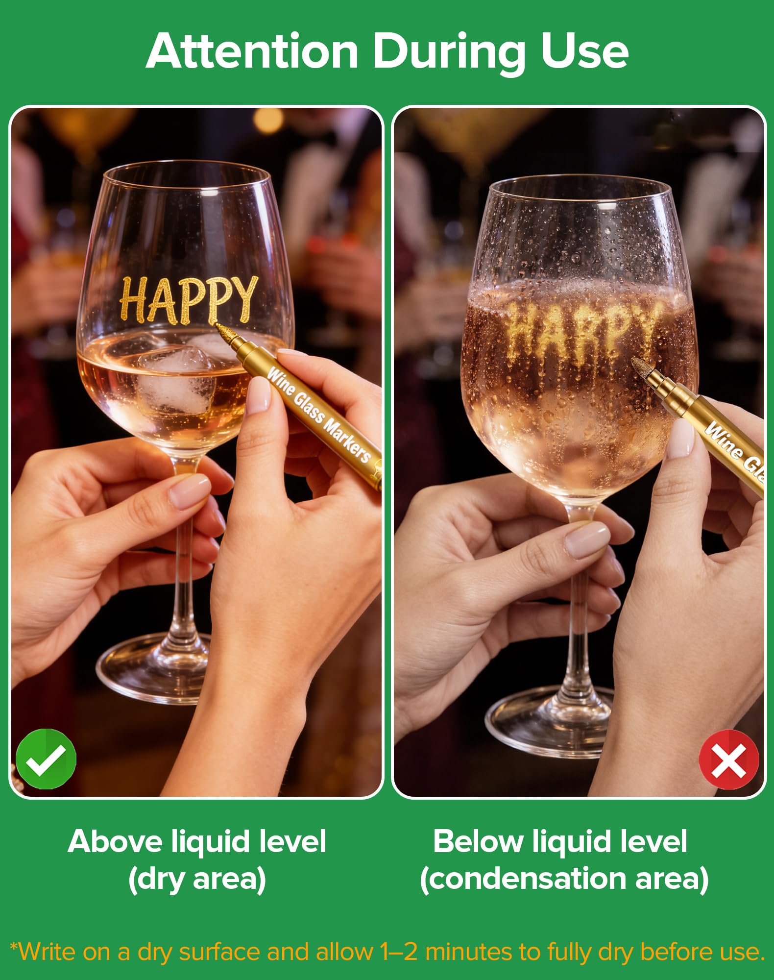 10 Stück Glasmarker für Partys & Feiern, Glasstift Abwaschbar Set mit 6 Silikon Glas Markierung & Reinigungstuch, Schnelltrocknend Glas Stifte für Abendessen, Party, Hochzeit