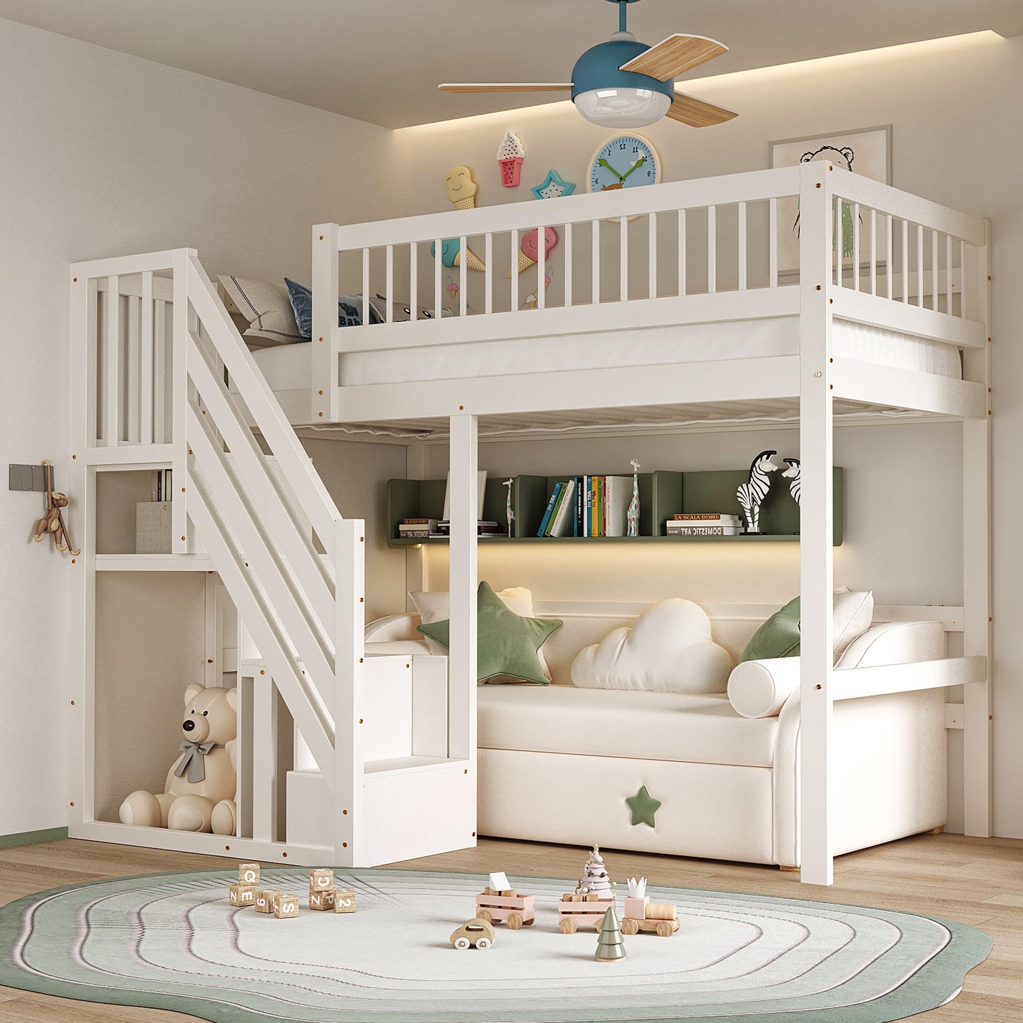 Letto a soppalco 90 x 200 cm, telaio in legno massello, letto per adolescenti, con spazio di archiviazione, letto singolo, salvaspazio