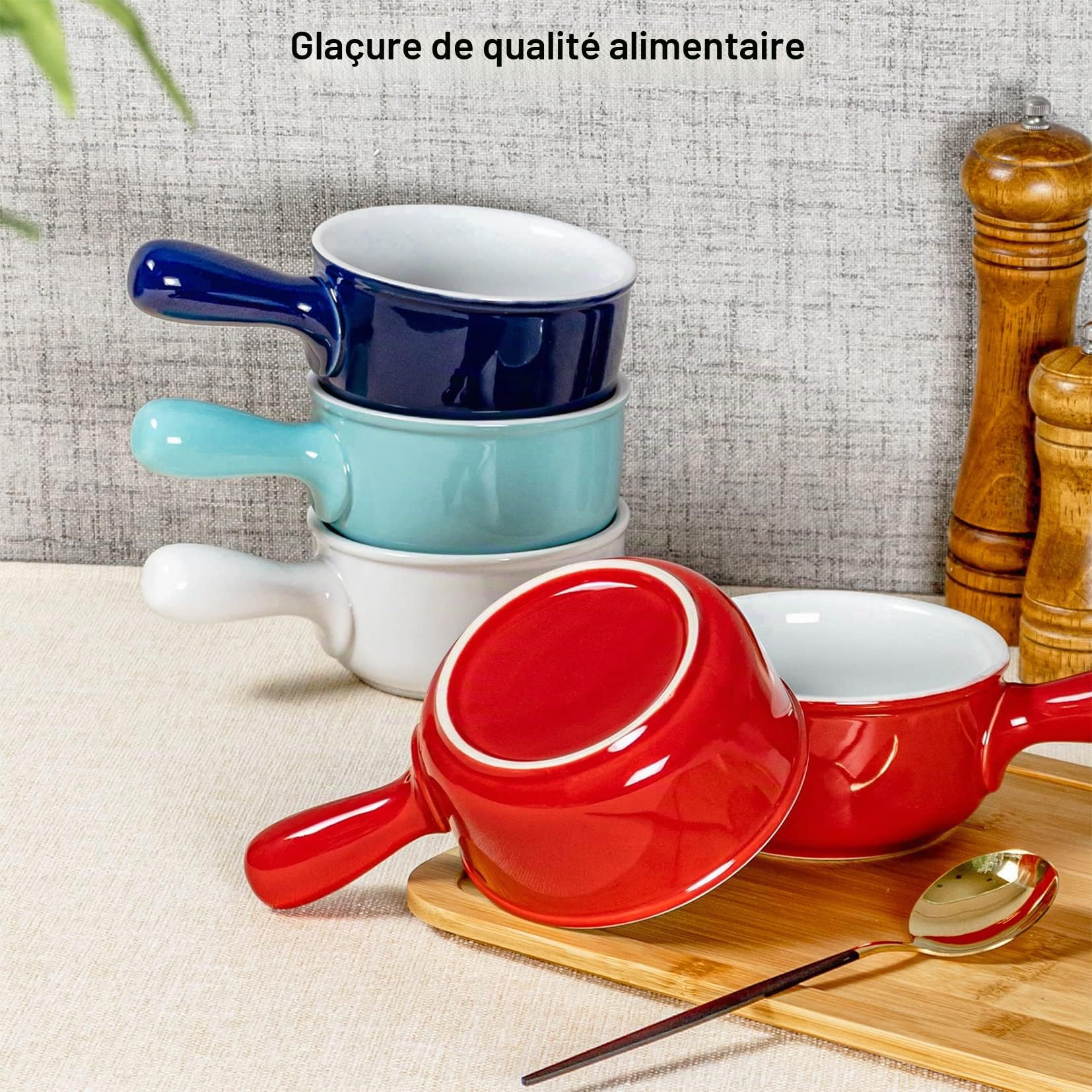 UNICASA Mini Pot à Lait, Bol à Soupe avec Poignée en Céramique de 400 ml, Petits Bols à Tapas et Sauces Convient Lave Vaisselle - Rouge