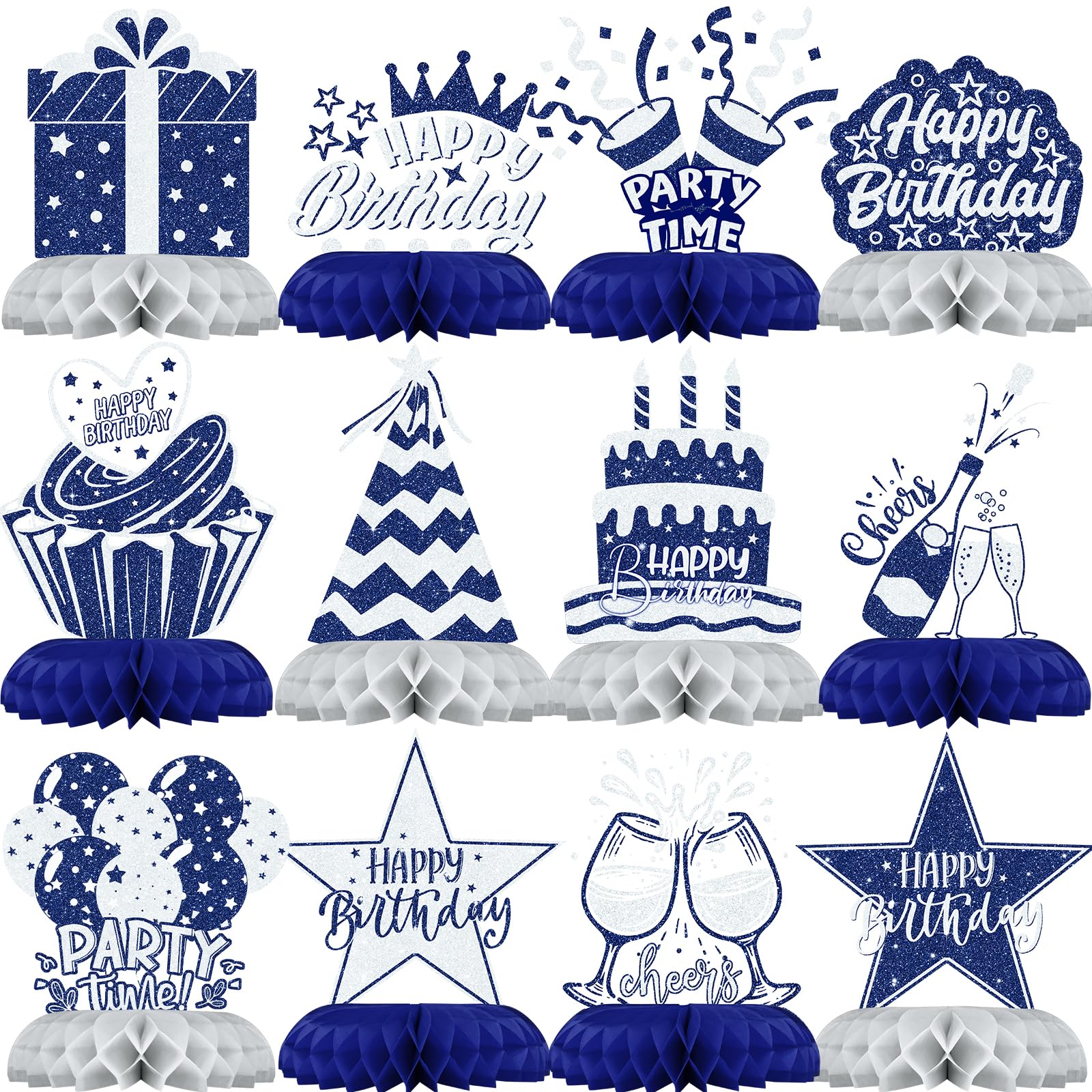 Blue and Silver Birthday Decorations – 12Pcs Navy Blue and Silver Honeycomb Centerpieces for Table, Elegant Blue Silver Party Decor for Boys, Men or Adult Birthday Celebration