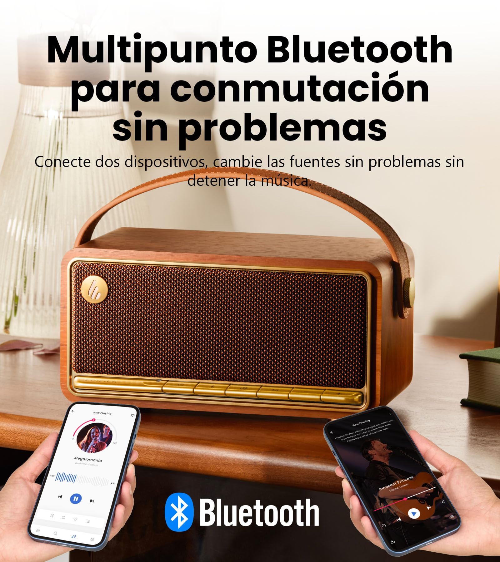 Edifier MP330 Altavoz Bluetooth Portátil con 40W RMS & Audio Hi-Res，Marrón | Sonido 360°, Emparejamiento estéreo dual, 19h de autonomía, Bluetooth 6.0 Multipunto, para interior y exterior