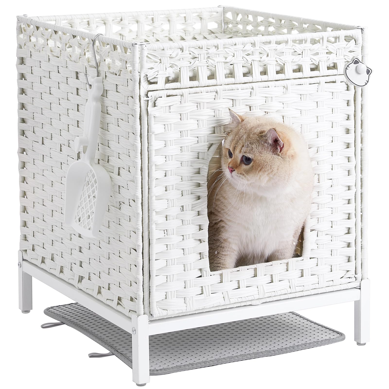 SETVSON Cat Litter Box Enclosure Hidden Litter Box Furniture with Metal Heightened Feet, Rattan Handwoven Cat House with Litter Mat, Hidden Litter Box