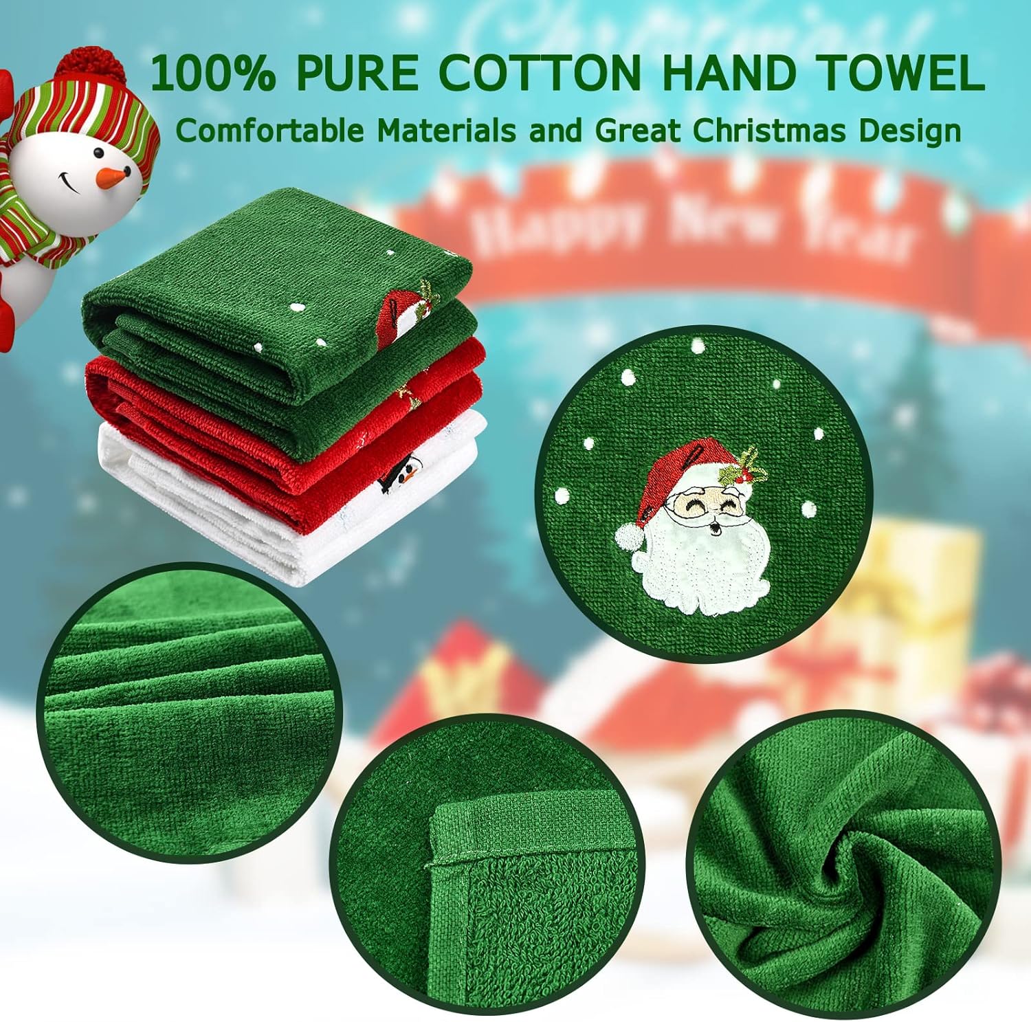 Upgraded Thick & Large Christmas Hand Towels 16" x 27", 100% Pure Cotton Bathroom Kitchen Decoration Soft Washcloths Towels Perfect Christmas Decor, Pack of 3 (Red, White, Green) - Image 3