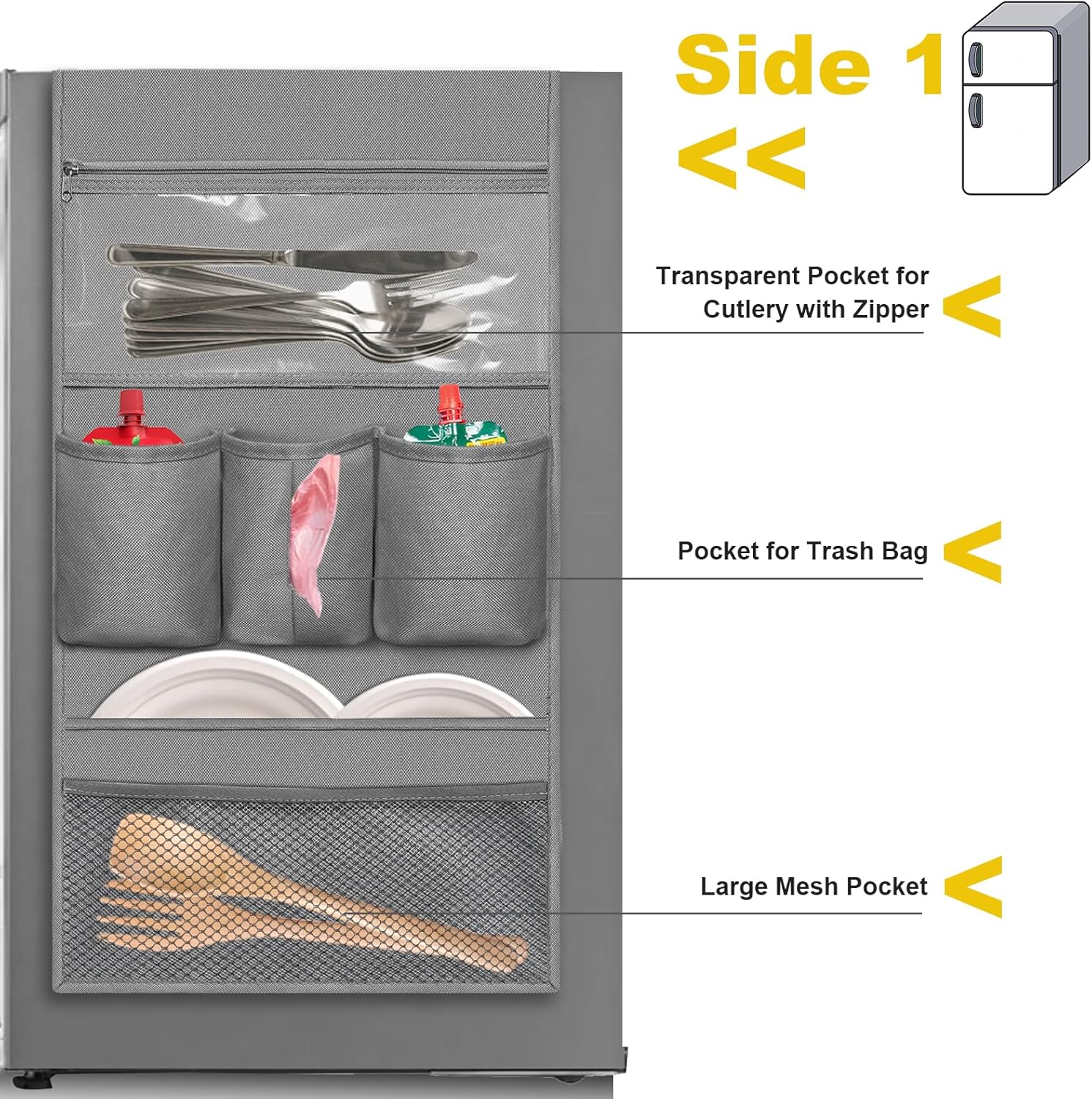 homyfort Mini Fridge Organizer, Over The Fridge Storage Organizer with 14 Pockets, College Dorm Fridge Storage for Office, Kitchen, Home, School, Gray
