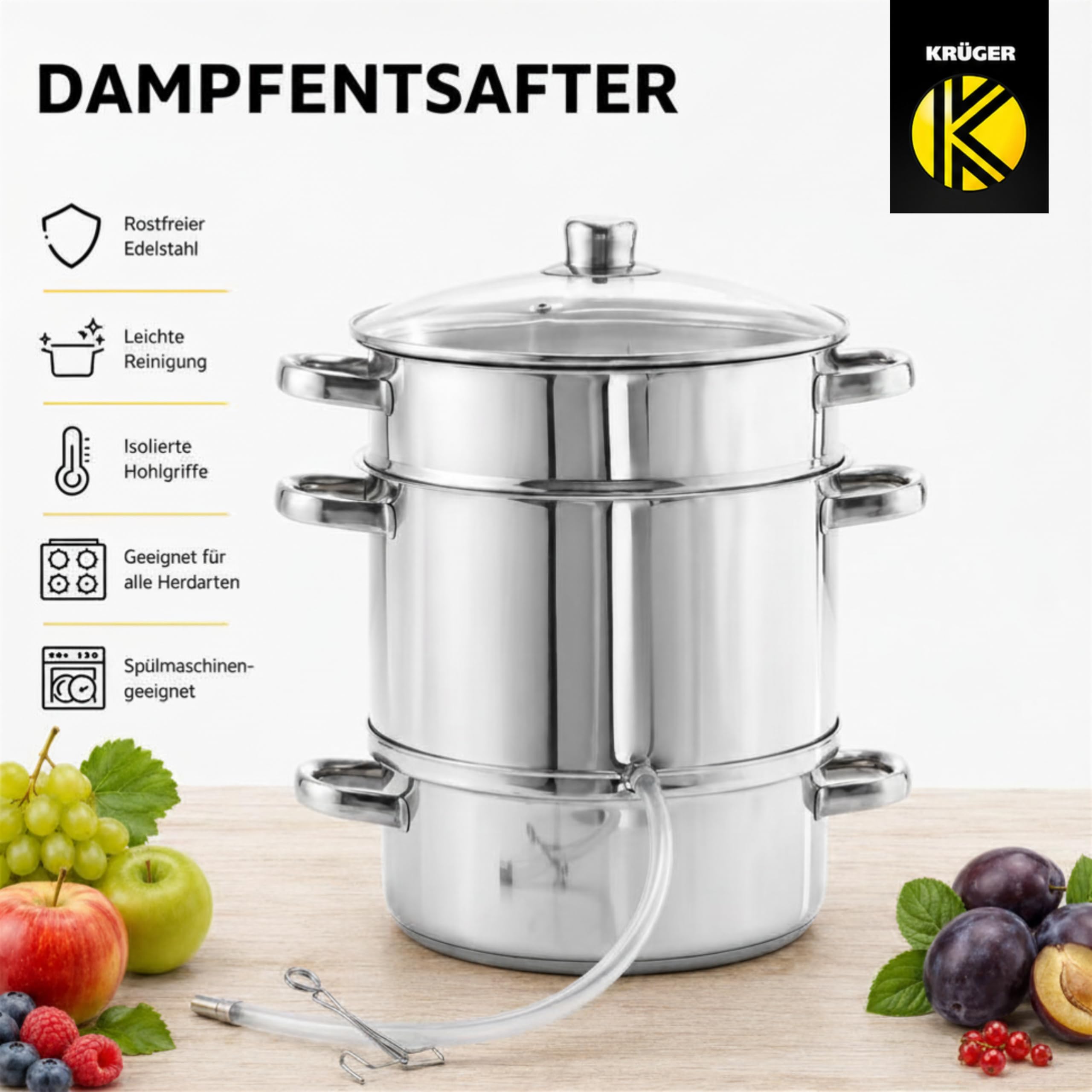 Krüger Edelstahl Dampfentsafter Mainau mit Glasdeckel Ø 26 cm (8 L) | PFAS-frei & unbeschichtet | Mit Glasdeckel, Ablaufschlauch & Kapselboden | Induktionsgeeignet | Für Saft, Gelee & Sirup