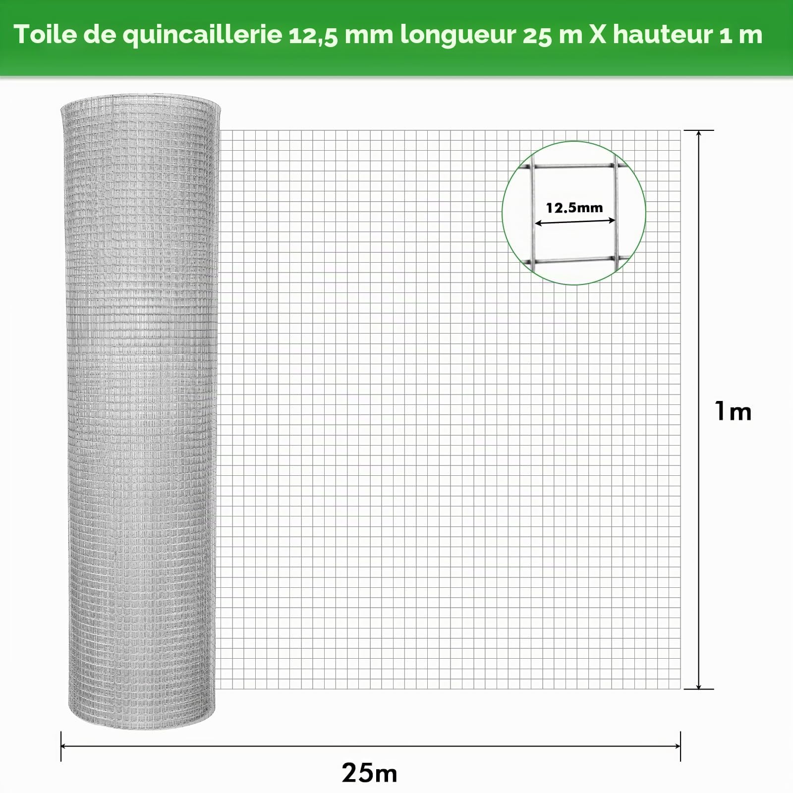 Grillage galvanisé 1 m x 25 m - 100 cm - 12 x 12 mm - Pour parterre surélevé, clôture, poulet, lapin, 0,7 mm - 1 m x 25 m