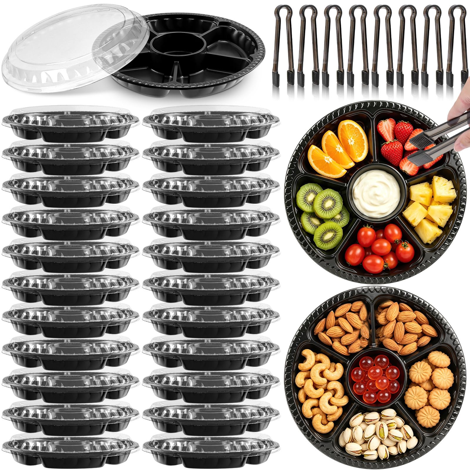 24 Pack Round Plastic Serving Trays with Lids, 26 cm Snack Compartment Platters Bulk, Buffet Server Platters with Tongs for Appetizer Fruits Vegetables Salad - Black