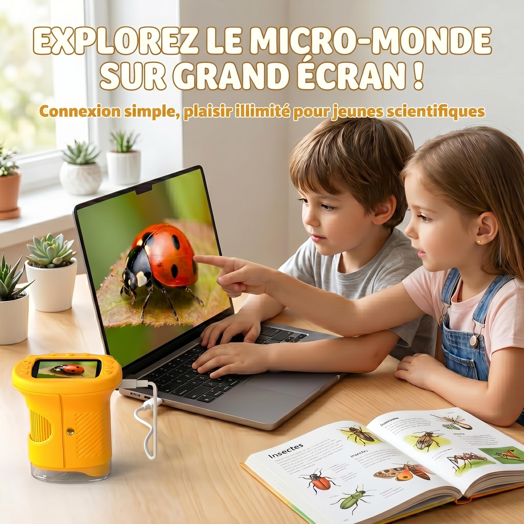 Microscope Enfant, Numérique 4K avec Écran HD 2,4" et Zoom 1000X, Loupe Électronique Portable 8 LED USB Photo Vidéo, Jouet Éducatif STEM Nature, Cadeau Anniversaire Noël Garçon Fille 3-12 Ans