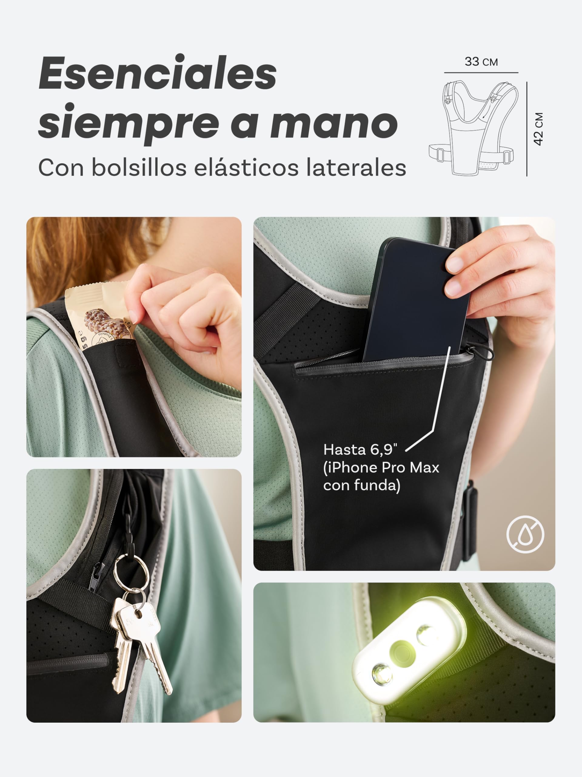 Chaleco para Correr Hombre Mujer con Porta Móvil y Botella Impermeable Ajustable Reflectores