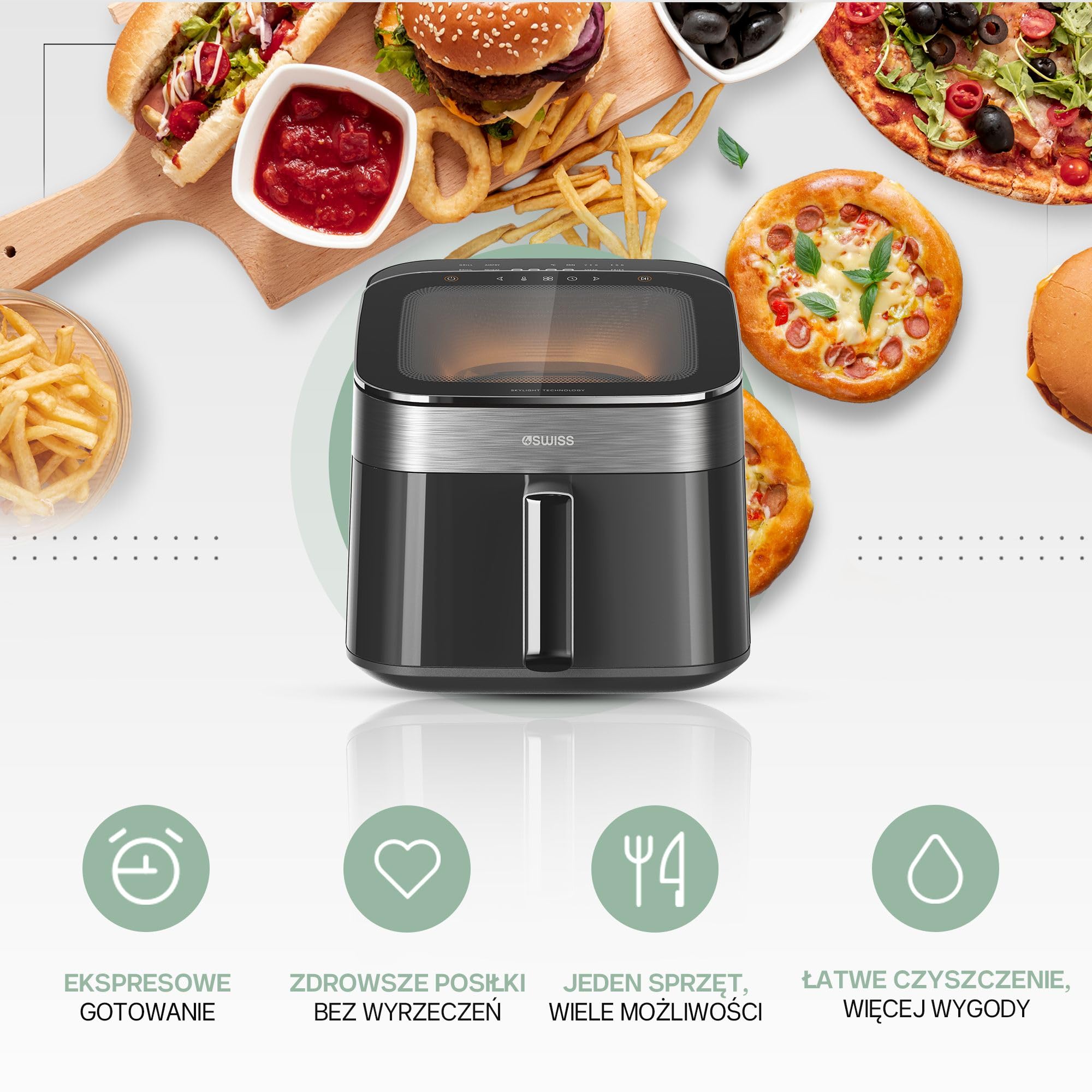 4SWISS Frytkownica Beztłuszczowa 6,5L z Okienkiem, Air Fryer XL 1700W, 12 Programów, Nagrzewanie 180°C w 1,44min, Łatwy w Czyszczeniu, Energooszczędny (ABB-025 Skylight)
