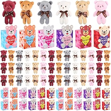 Halloscume 96 Sets Valentines Mini Bear Set, 4.7 Inch Plush Tiny Bears with Boxes Valentines Gift Cute Stuffed Mini Bears Bulk for Valentine's Day Gift, Party Favors, Wedding Supplies, 6 Styles