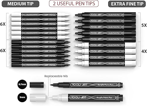Miniatura 4 de TOOLI-ART Juego de marcadores de pintura acrílica en blanco y negro para pintura de roca, lienzo, tazas, metal, pintura de vidrio, tela, madera,
