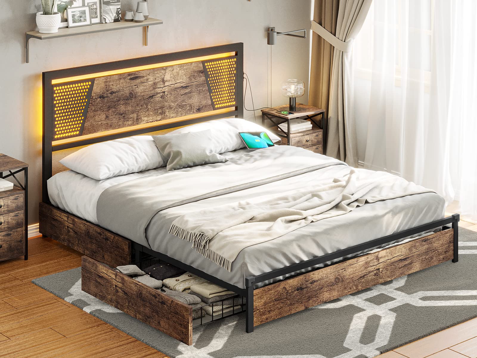Buy Tiptiper Bed Frame Queen Size with 4 Storage Drawers and 2 USB