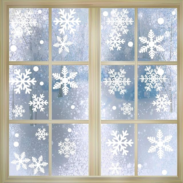 Tuopuda 270 pcs White Snowflakes Window Clings Decal Stickers Christmas Winter Wonderland Decorations Ornaments Party Supplies-Original Reusable Double-Side Static PVC Stickers(15 Sheets)