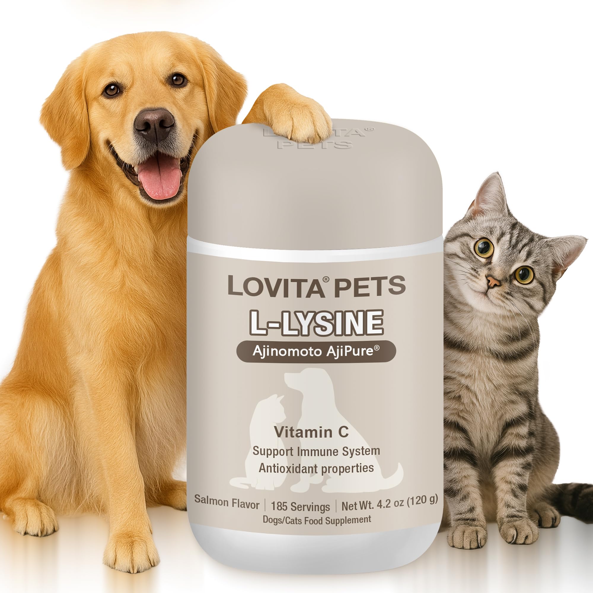 LOVITA Pets L-Lysine Powder for Cats & Dogs, Immune Support Pet Supplement with AjiPure L-Lysine and Vitamin C, Salmon Flavor for Daily Use, Includes Scoop, 4.2 Oz