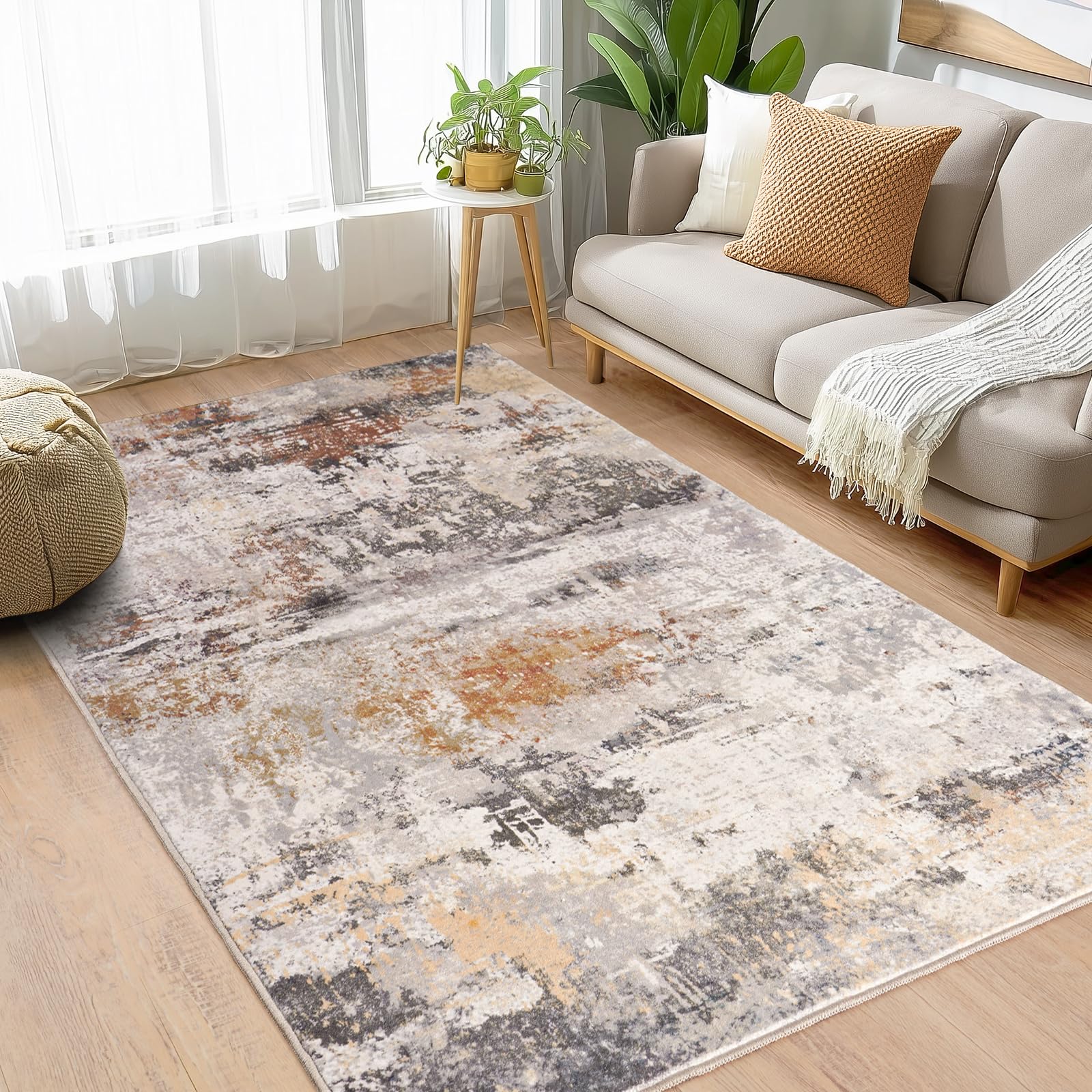 Rezutan Washable Living Room Rug 120x160cm, Modern Abstract Area Rug Soft Low Pile Non-Slip Carpet for Bedroom Lounge Dining Room Home Office Decor -Rust