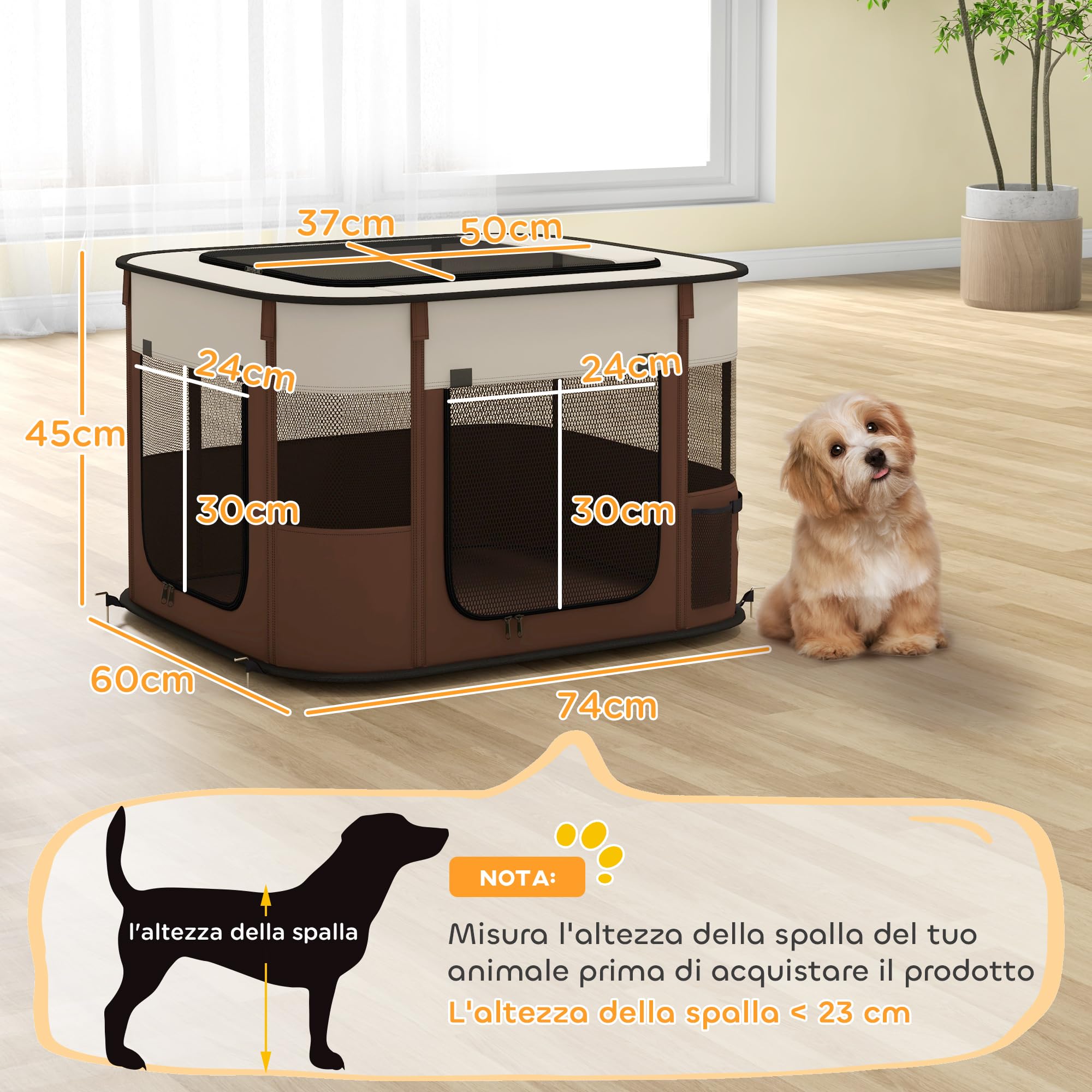 PawHut Box per Animali Domestici con 6 Finestre, 3 Porte e 2 Borse Portaoggetti, Recinto per Cani in Tessuto Oxford e Acciaio, 74x60x45 cm, Marrone