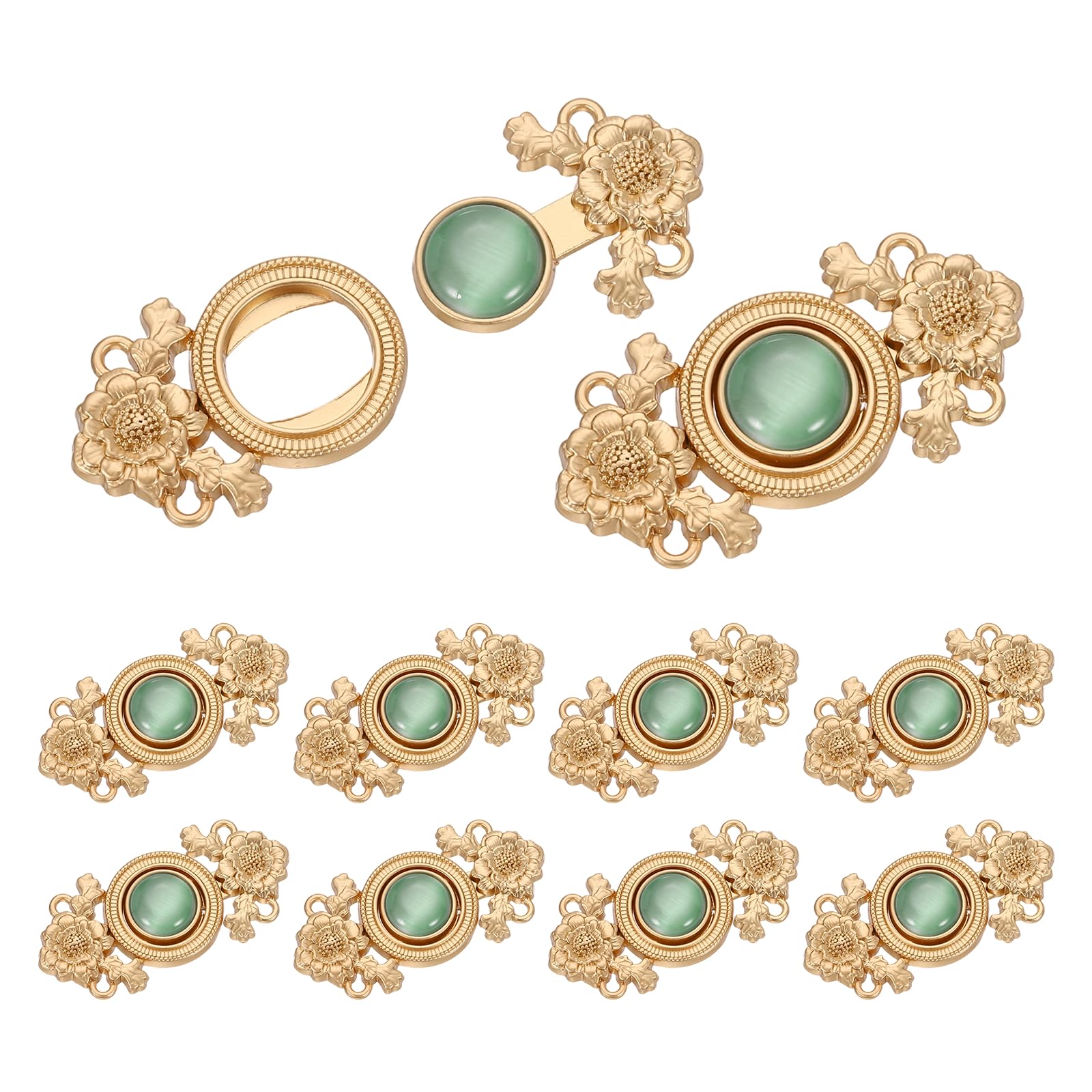 sourcing map 10Pcs Vintage Sewing Button with Round Gems, Cloak Clasp Fasteners Flower Hooks and Eyes Cardigan Clip for Sweater Cheongsam Shawl, Pale Green