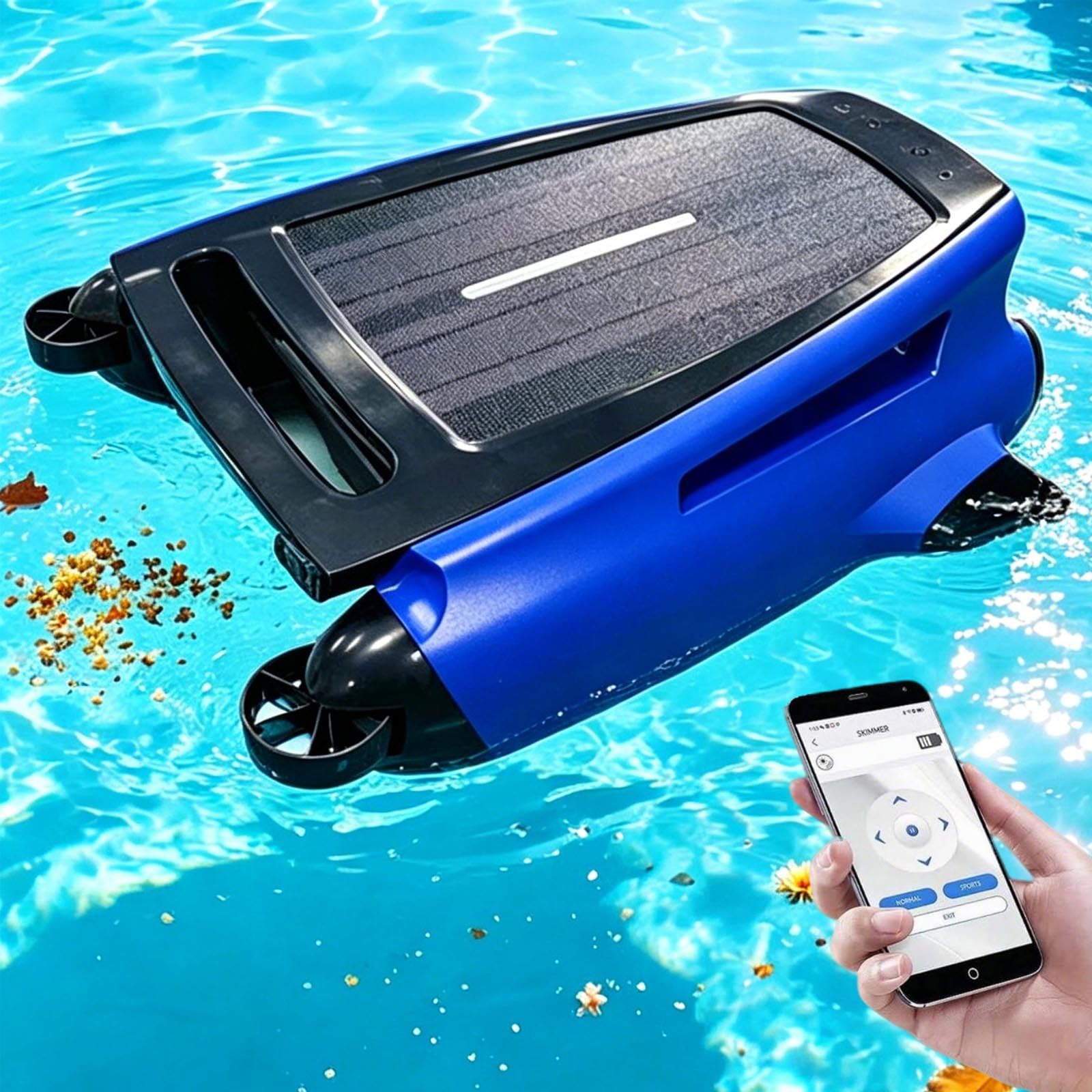 Solar Pool Skimmer Robot- Upgrade Dual Charging & App Control,Saltwater-Tolerant Brushless Motor,Smart Obstacle Avoidance,Automatic Cleaner-450μm Filter-200m² Coverage-3.8L Debris Basket Blue