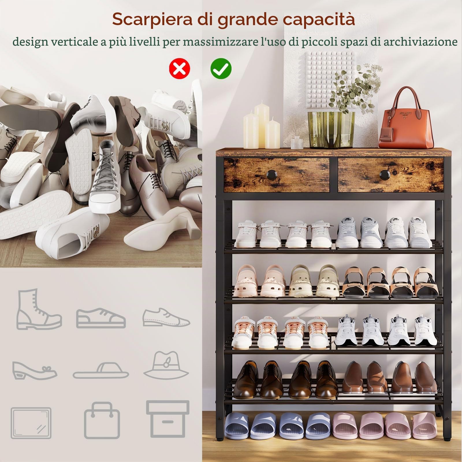 IBUYKE Scarpiera con 5 Ripiani, Scaffale Portascarpe con Ripiano per 12-16 Paia di Scarpe, Salvaspazio Scarpiera in Metallo con 2 Cassetti per Ingresso Corridoio Soggiorno, Marrone Rustico TXJ041H