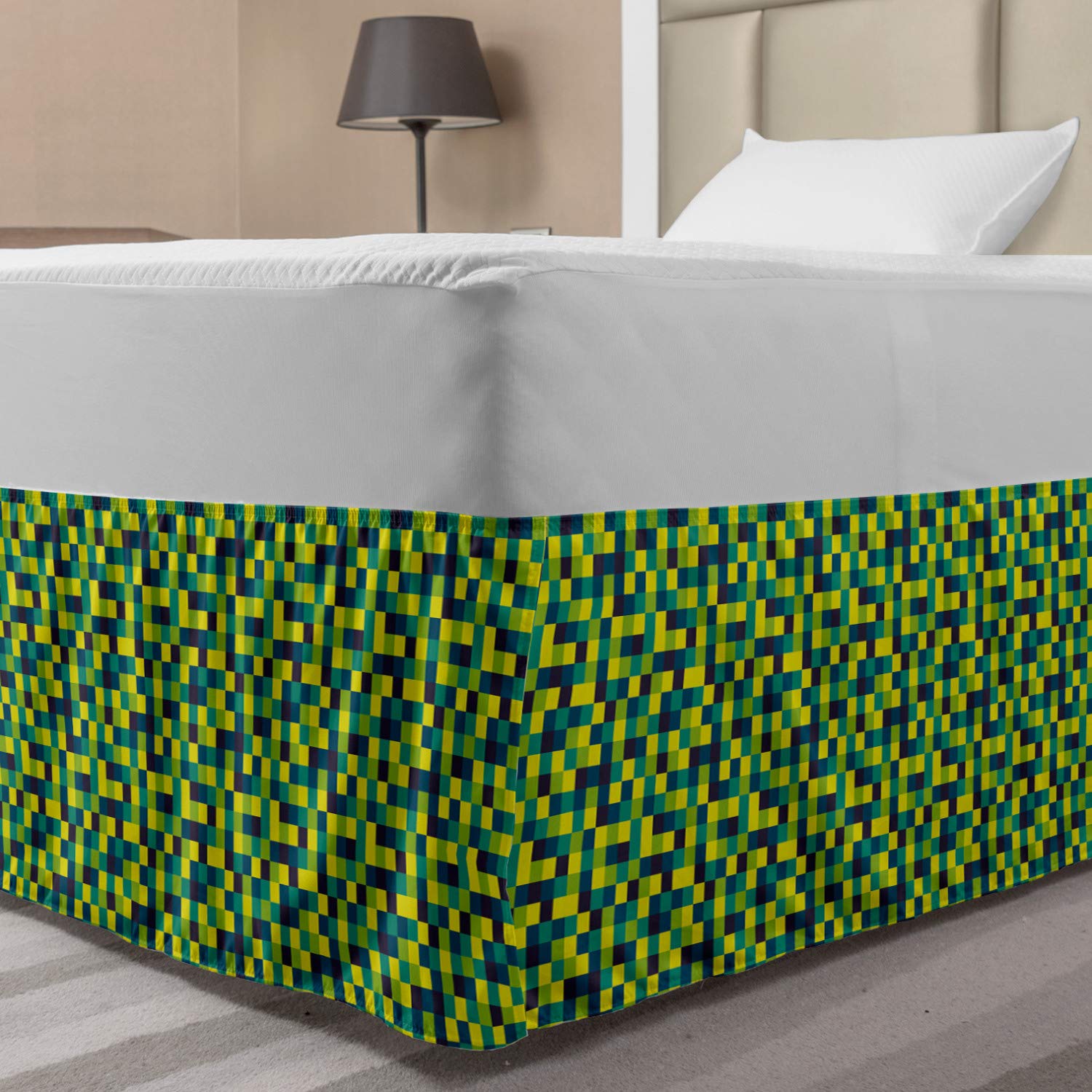 Lunarable Yellow and Blue Elastic Bed Skirt Vivid Colored Squares Funky Simple Retro Style Grid Tile Wrap Around