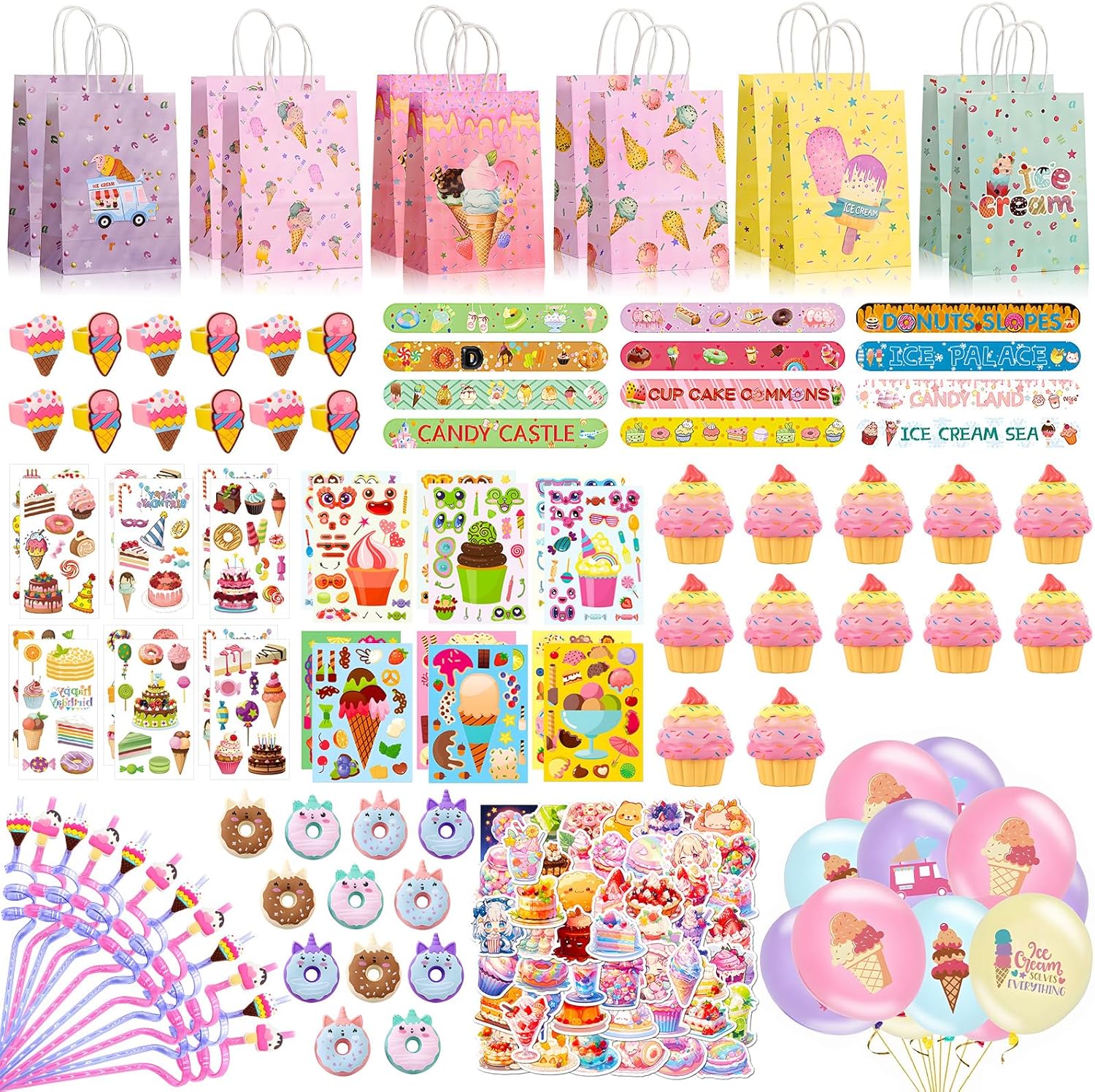 158pcs ice cream cake party favors return gifts for kids birthday party ice cream party decorations balloons Make a Face Stickers Keychain Stickers tattoo sticker ring birthday party supplies For Girl