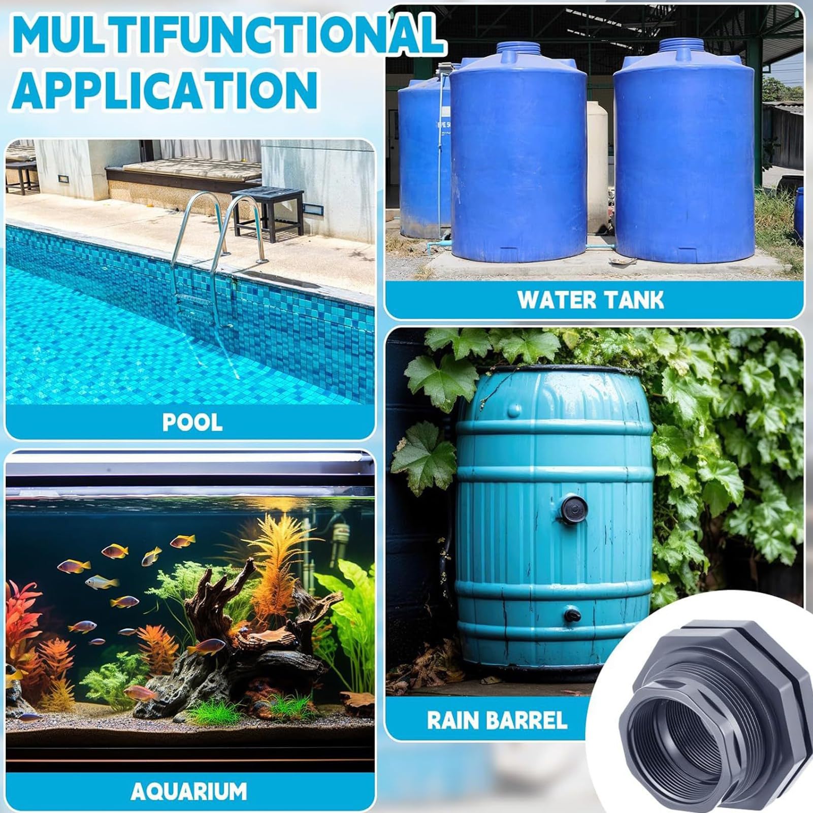 Adaptador de PVC de 4 Pulgadas para Tanques de Agua, Rosca NPT Estándar, con Junta EPDM y Tuerca de Seguridad