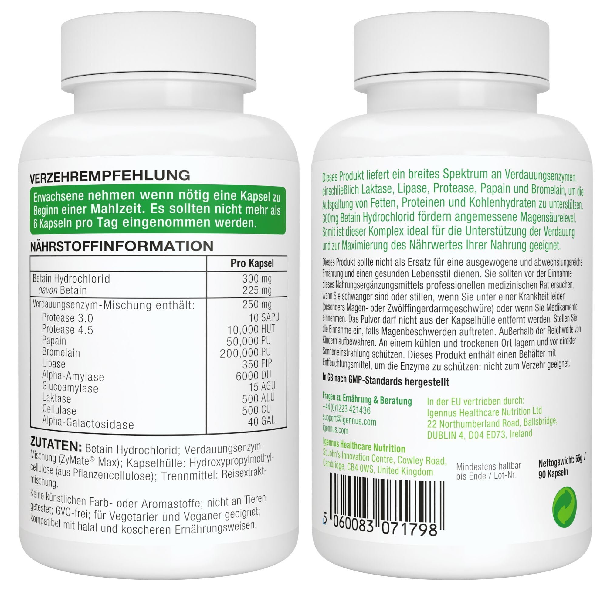 Schnell wirkender Verdauungsenzyme Komplex mit Betain HCl & Bromelain, 10 vegane Enzyme mit Papain & Lipase, umfassende Verdauungshilfe, hypoallergen, 90 Kapseln, von Igennus