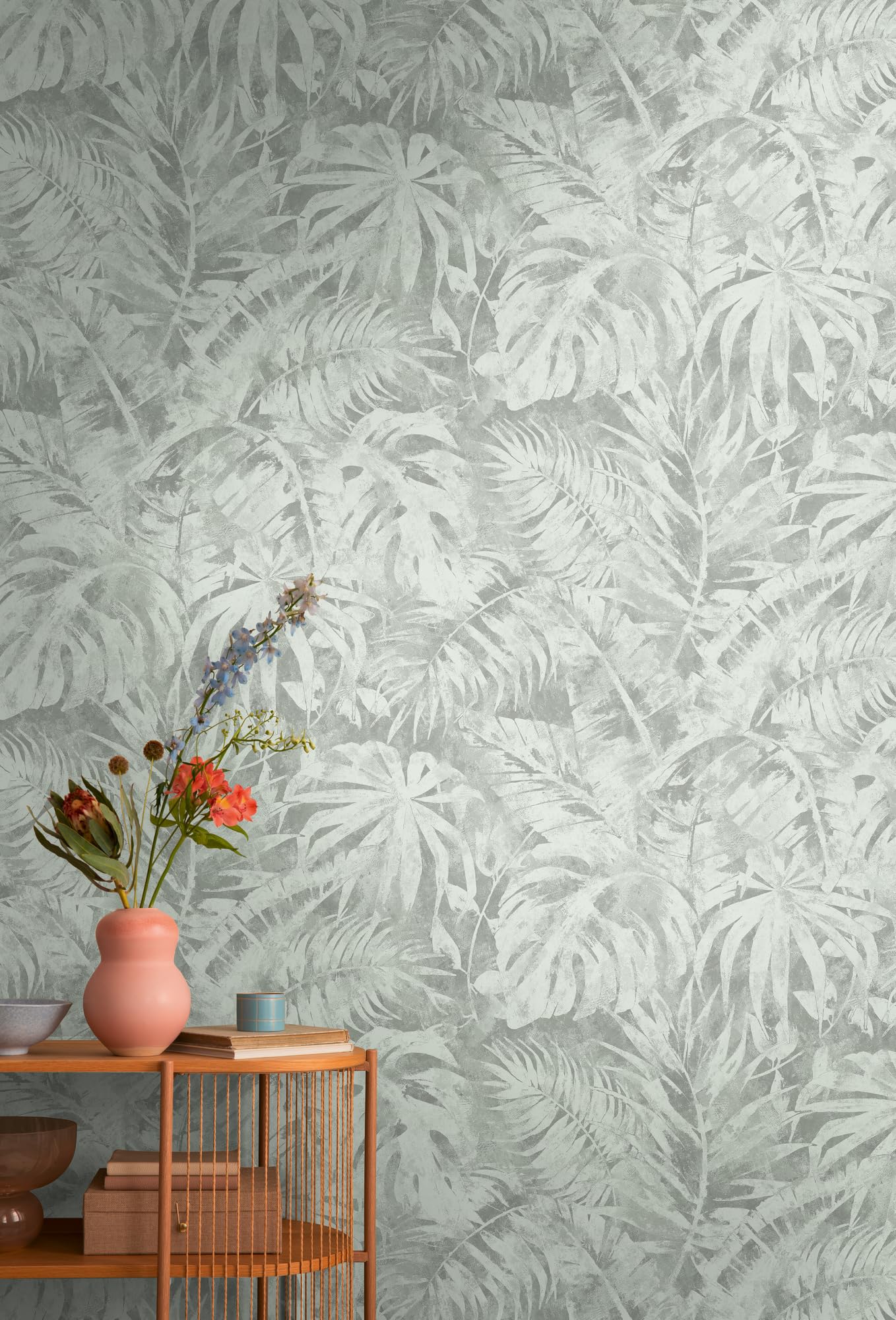 Livingwalls CosmoLiving Non-Woven Wallpaper with Leaf Design in Grey, Green – 8,80 x 0,53 m Floral Wallpaper by Cosmopolitan – 791456