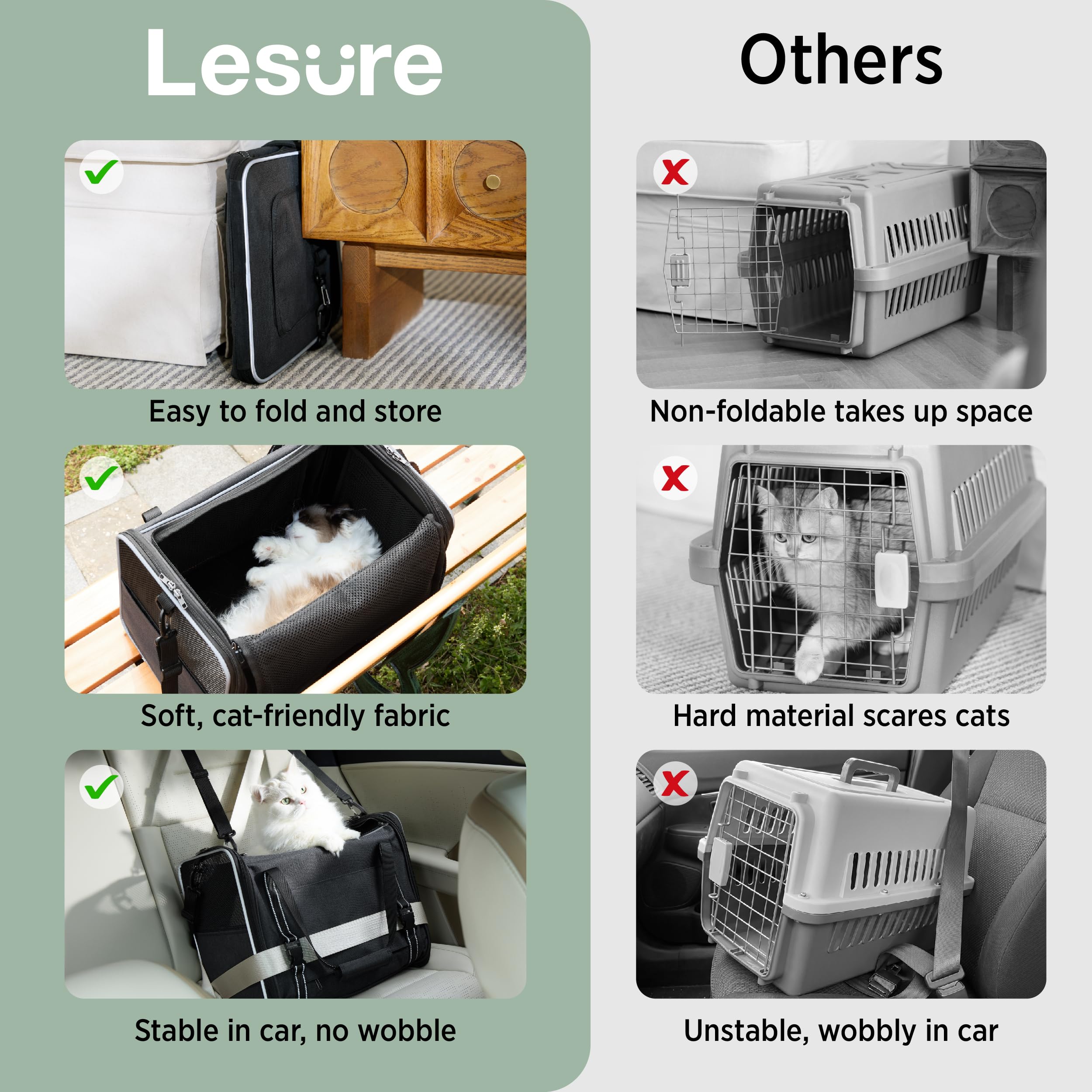 Lesure Trasportino pieghevole per gatti, 43,5x29,5x34 cm, Grigio chiaro | Borsa stabile con lati morbidi, rete traspirante, cintura auto, tracolla e tappetino rimovibile per gatti e gattini
