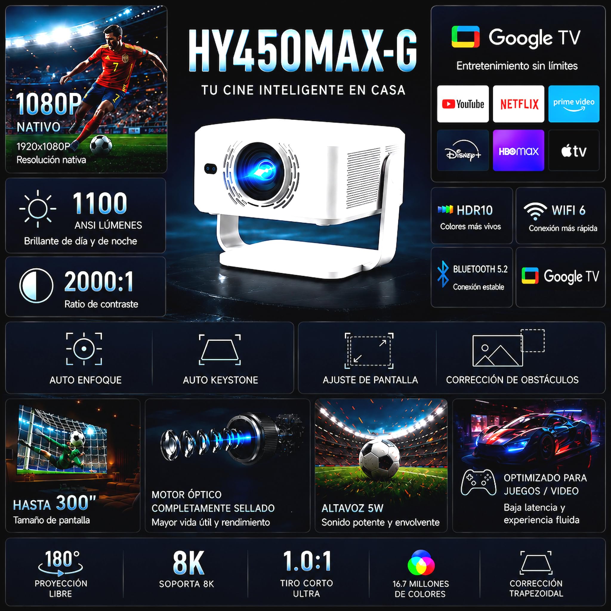 Proyector 4K | Google TV Certificado | 1080P Nativo Full HD | 1100 ANSI Lúmenes | Auto Focus & Keystone | HDR10 | WiFi 6 | Bluetooth 5.2 | Compatible Chromecast & Fire Stick | Cine y Gaming