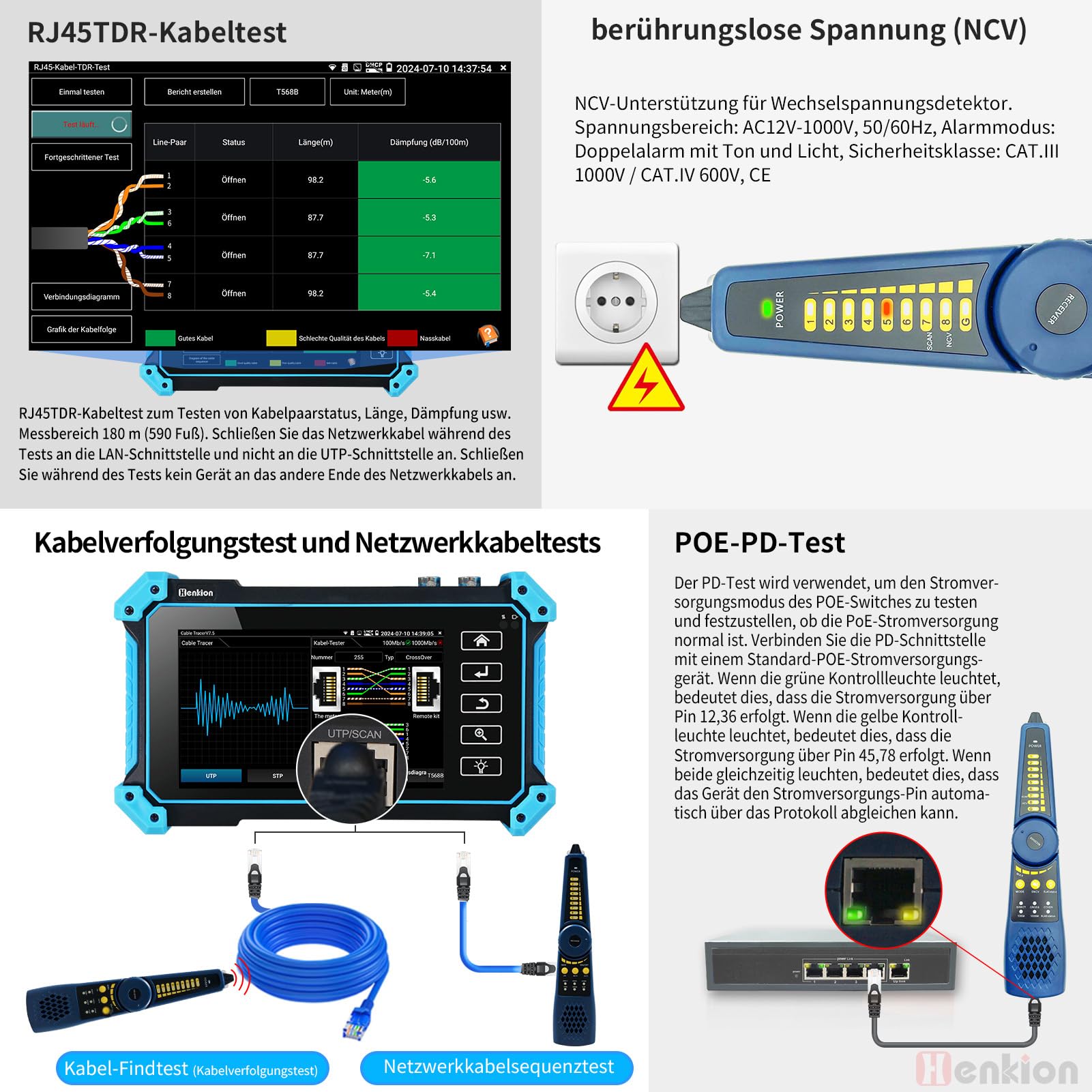 Henkion Probador CCTV IPC-5200C Plus Tester, Monitor con Pantalla Táctil IPS 5.4", 8MP AHD CVI TVI CVBS IP, Monitor de Video 4K H.265, Soporte PoE PTZ WiFi RS485, Rastreador de Cable, Entrada HDMI VGA