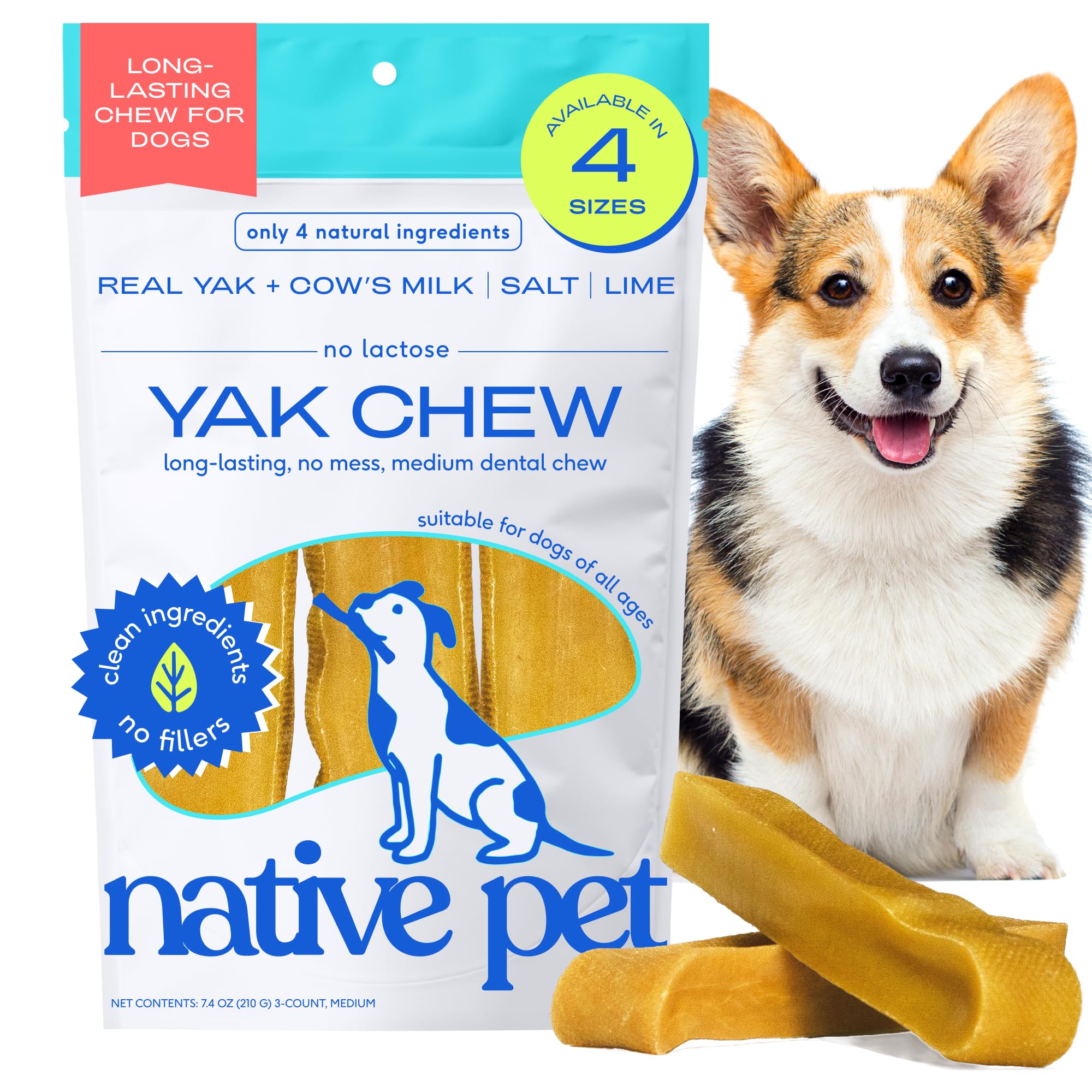 Native Pet Yak Cheese Himalayan Dog Chews - Long Lasting Dental Sticks for Medium Breeds – 100% All Natural Himalayan Yak Chews for Medium Dogs – Cheese Bone for Aggressive Chewers - 3 Per Pack