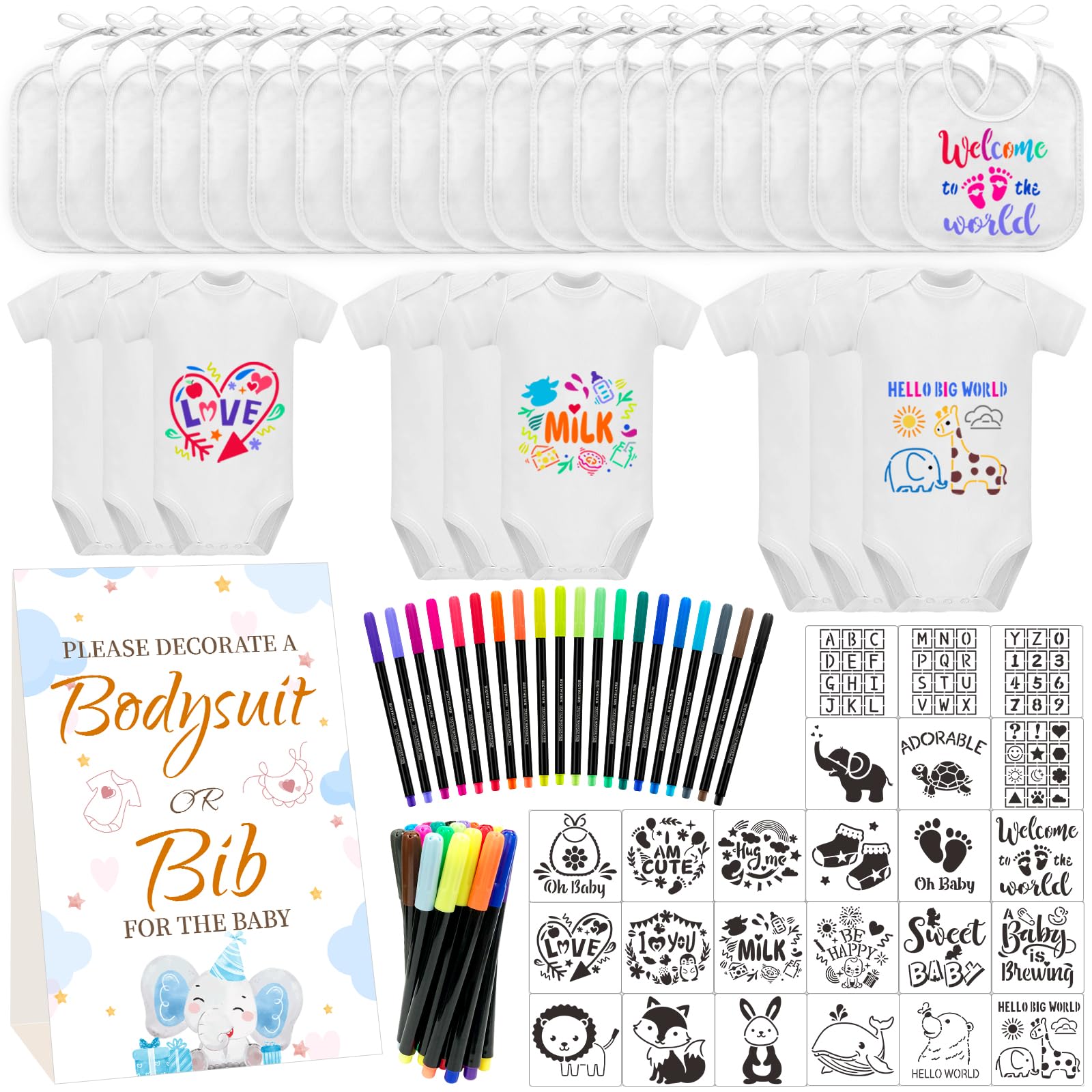 Aisharery Bibs Bodysuits Baby Shower Game Sign Set Newborn Onesies Feeder Gift Fabric Marker Stencils Kit