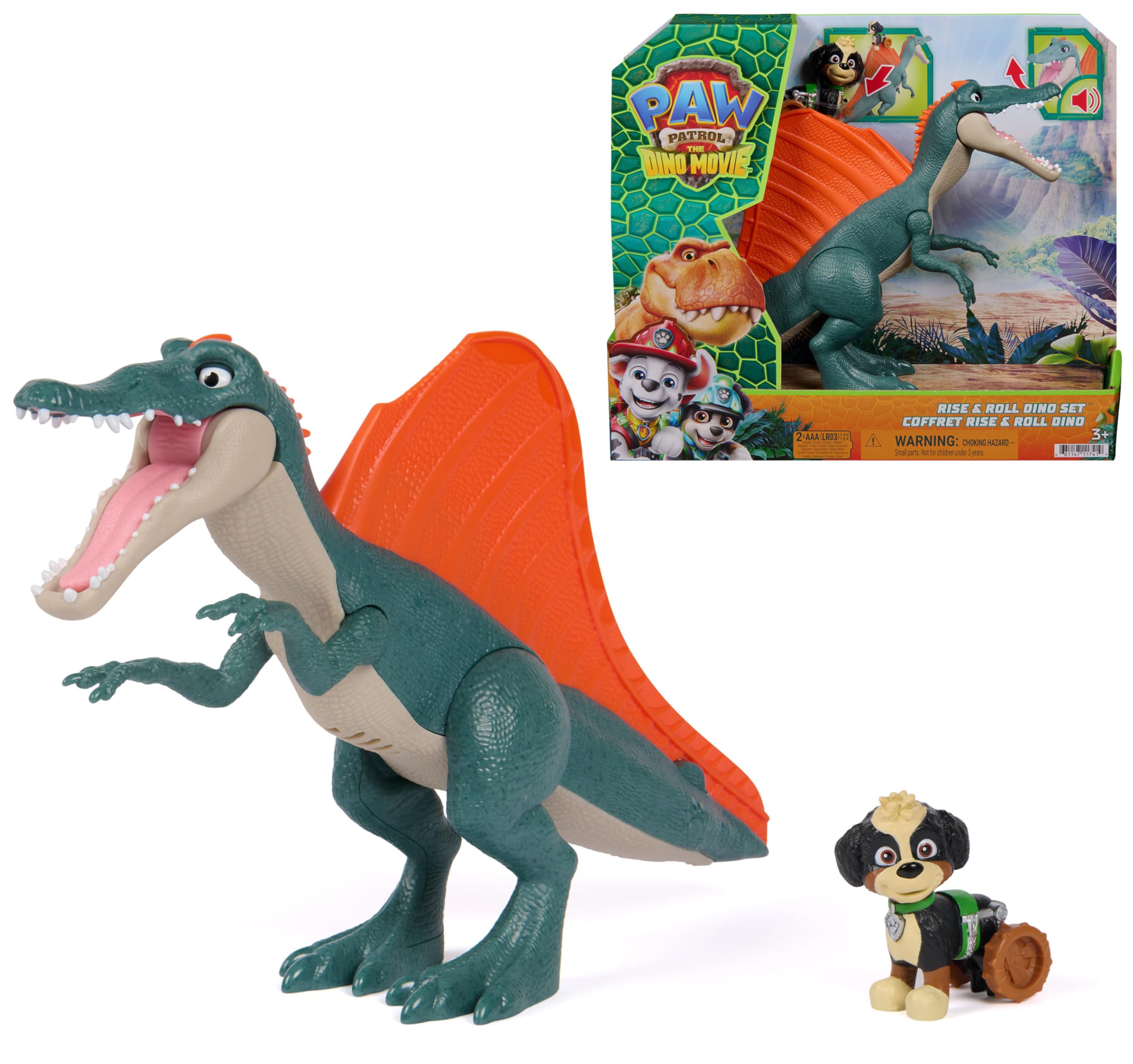 Paw Patrol: The Dino Movie, Rise & Roll Dino Set, Includes 17,7 cm Spinosaurus Dinosaur Toy with Sounds and Rex Action Figure, Nursery Toys for Boys and Girls Ages 3+