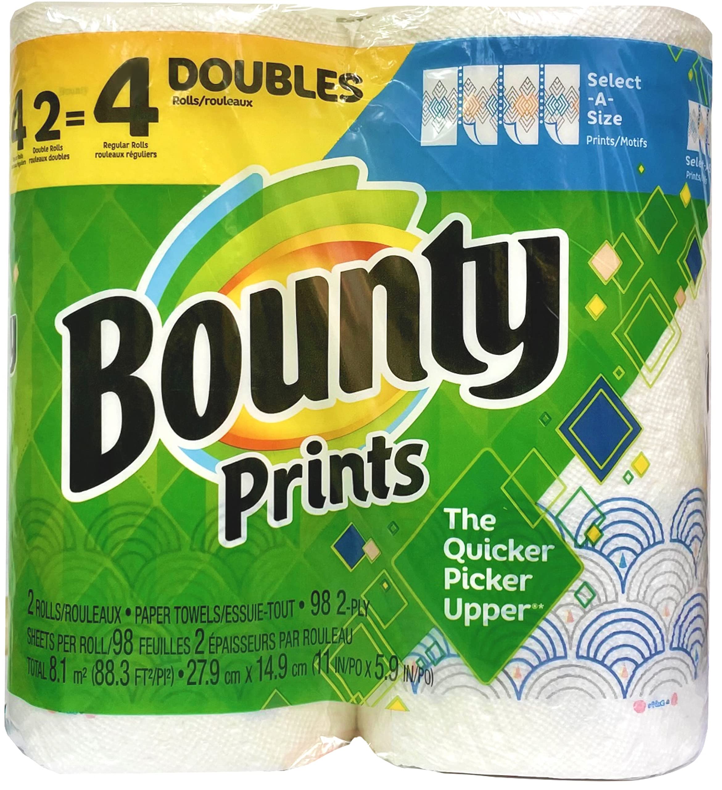 Amazon Com Bounty Prints 2 4 Doubles Rolls Paper Towels White 98 2 Ply Sheets Per Roll Health Household
