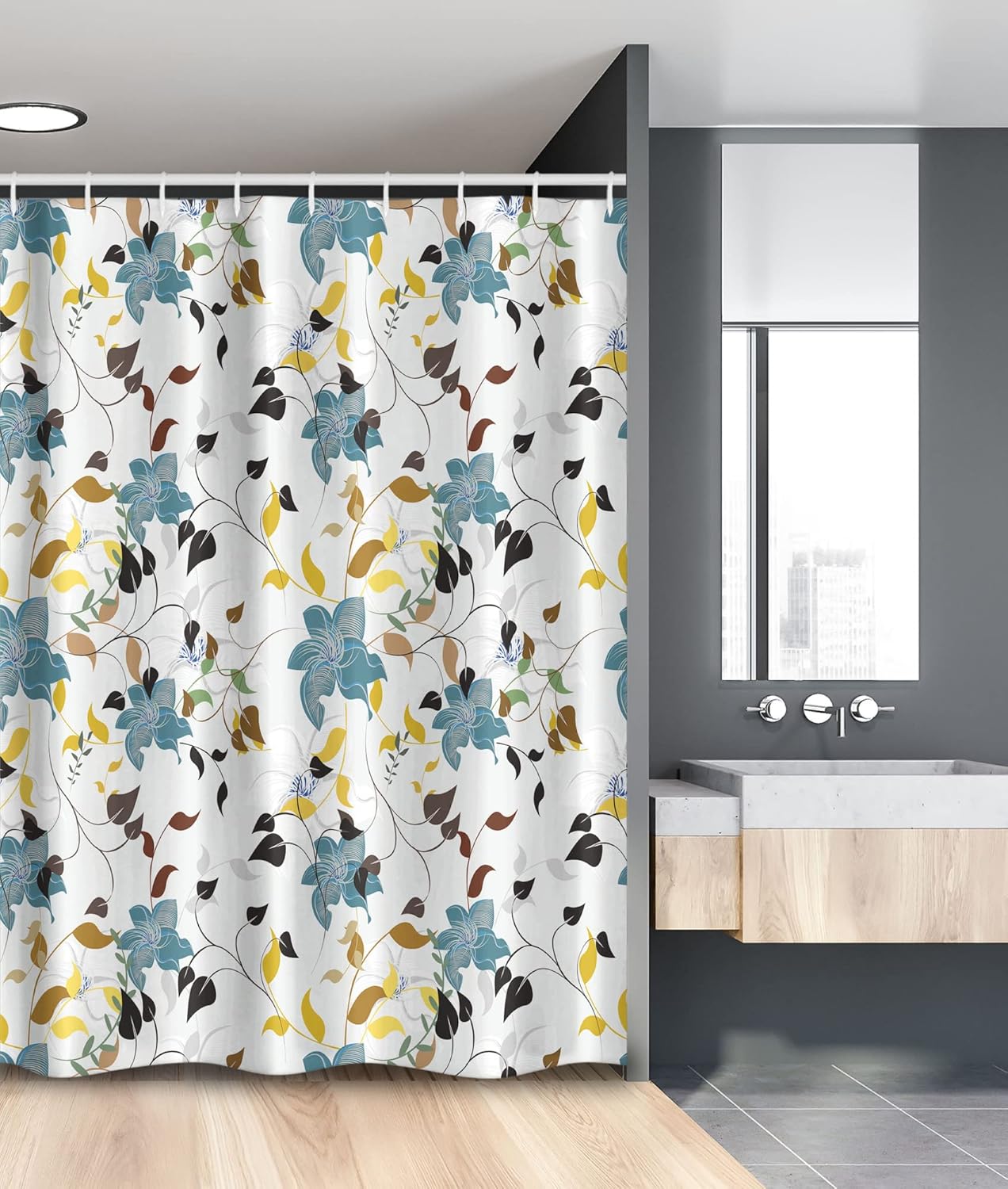 Ambesonne Leaf Stall Shower Curtain, Seasonal Flowers with Colorful Leaves Poison Ivy Plant in Contemporary Design Print, Fabric Bathroom Decor Set with Hooks, 54" W x 78" L, Redwood White Cadet Blue